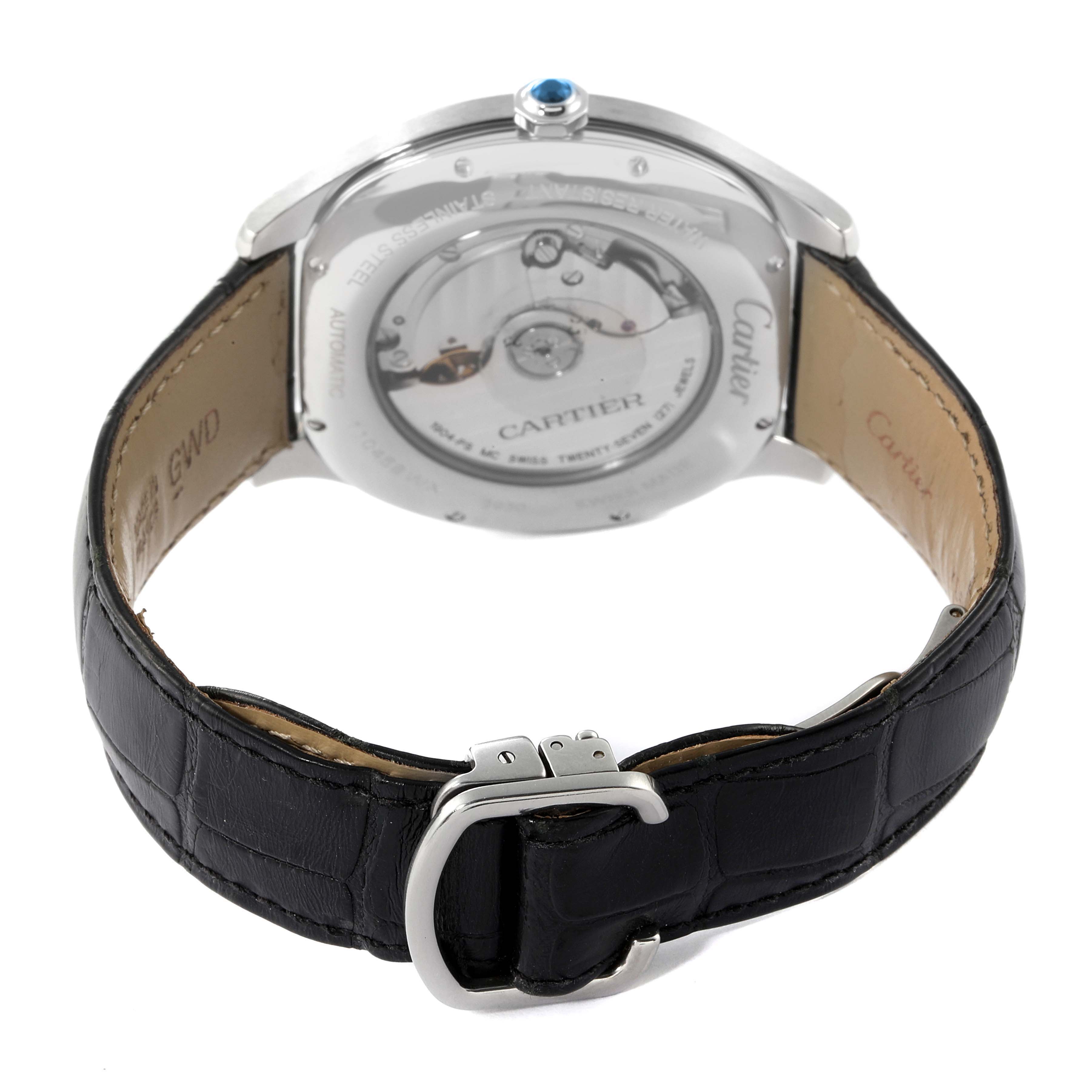 The image shows the back side of a Drive de Cartier watch by Cartier, highlighting the leather strap and transparent case back.