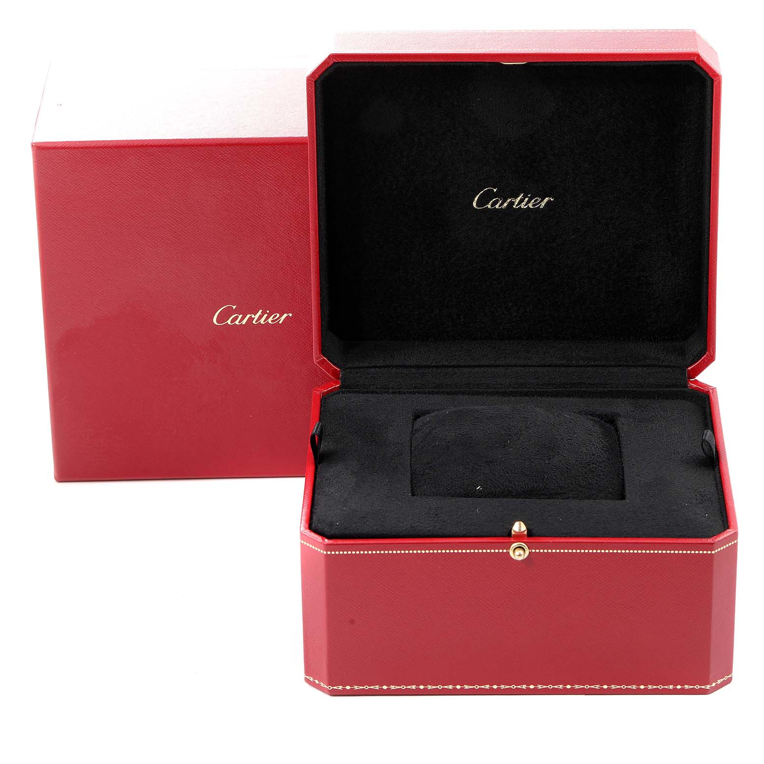 This image shows the open box and packaging for a Drive de Cartier watch by Cartier, featuring a red exterior and black interior.
