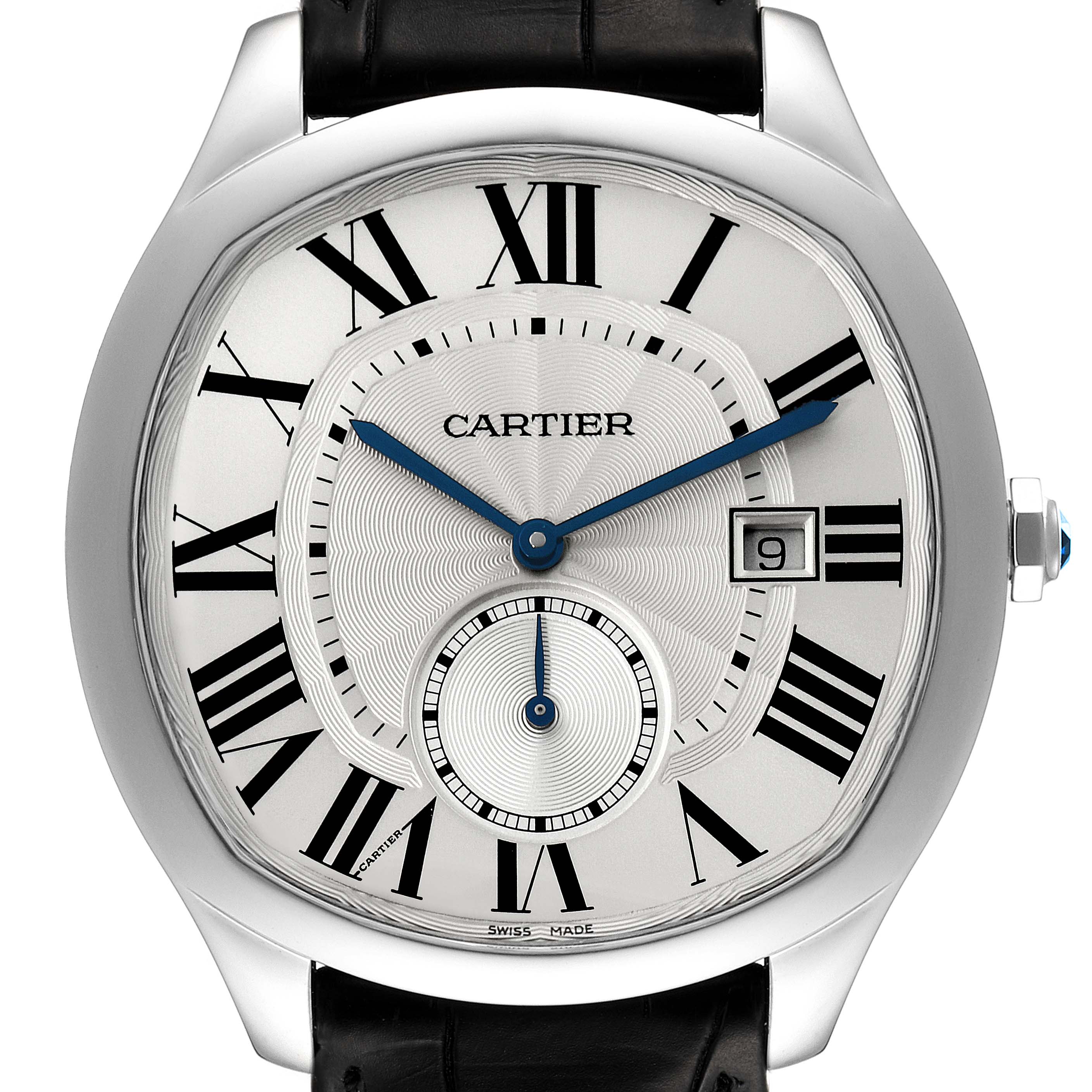 The image shows a close-up, front angle of the Drive de Cartier watch by Cartier, highlighting the dial, Roman numerals, hands, and date window.