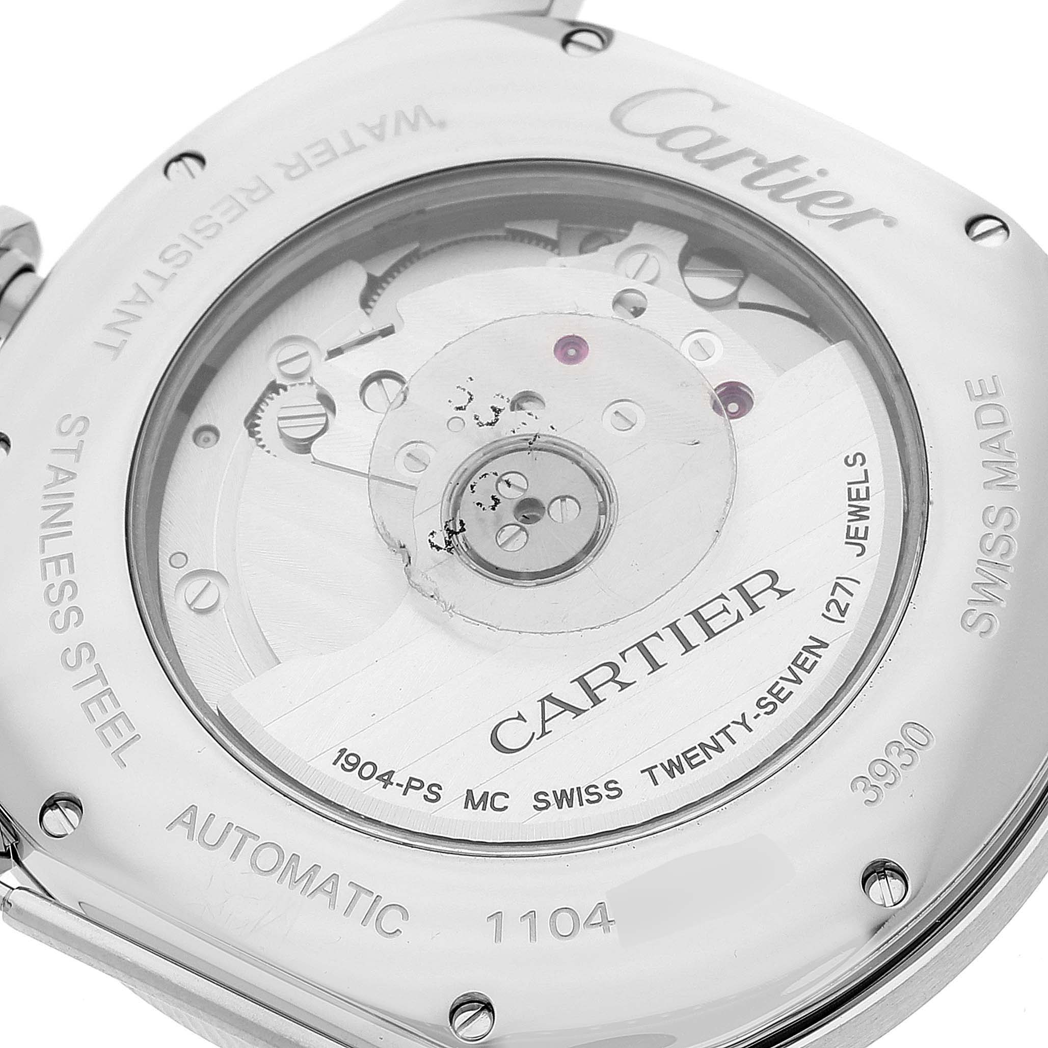 The image shows the back view of the Drive de Cartier watch, highlighting its movement and engravings.