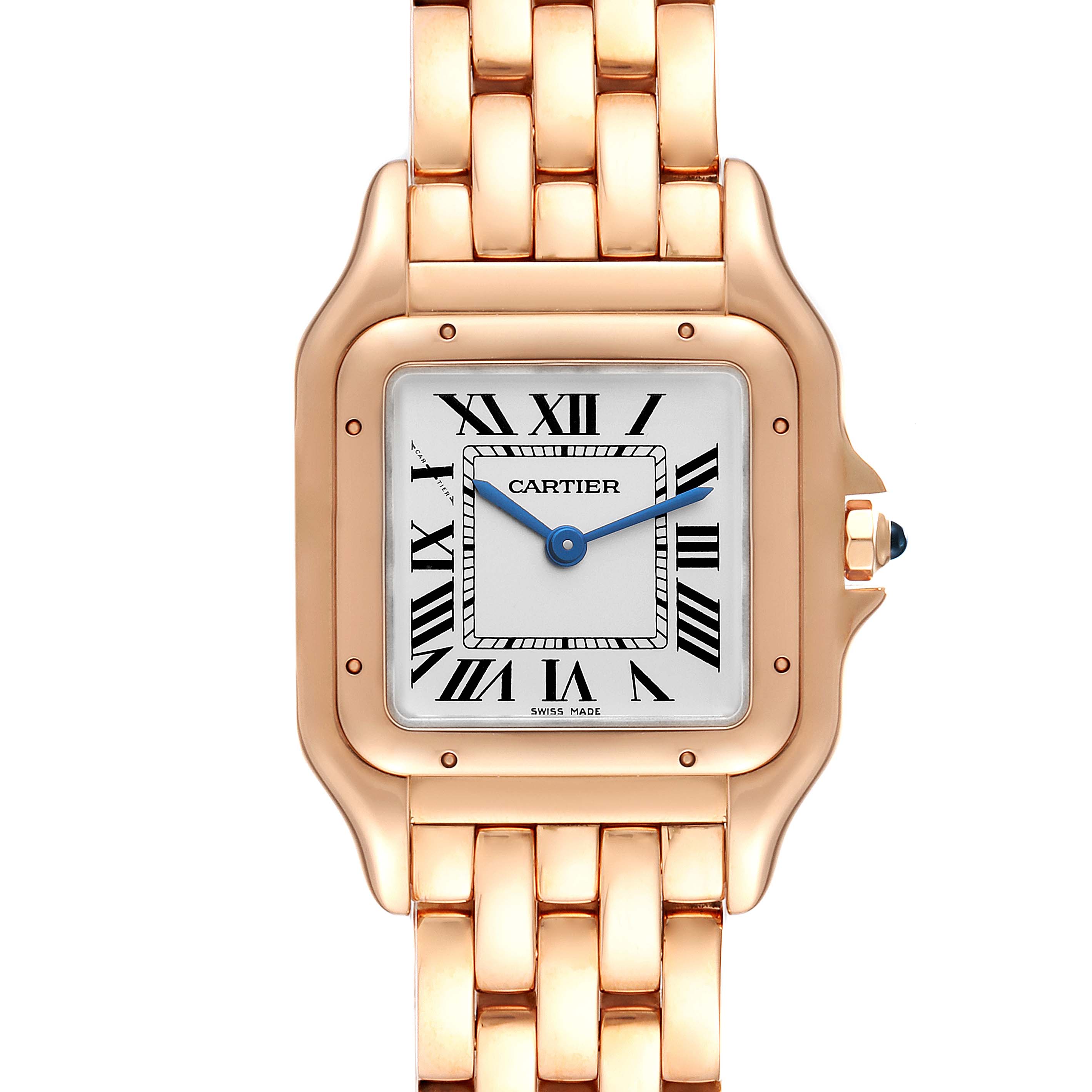 The image shows a frontal view of the Cartier Panthere WGPN0007 Women's Rose Gold Silver Dial WGPN0007 Women's Rose Gold Silver Dial watch, highlighting its face, bezel, crown, and bracelet.