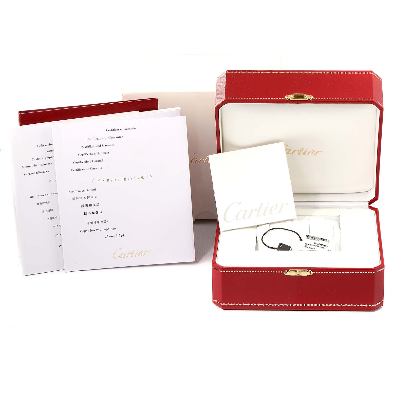 The image shows Cartier Panthere WGPN0007 Women's Rose Gold Silver Dial WGPN0007 Women's Rose Gold Silver Dial watch accessories including a red box, certificate documents, and a tag, all seen from a front angle.