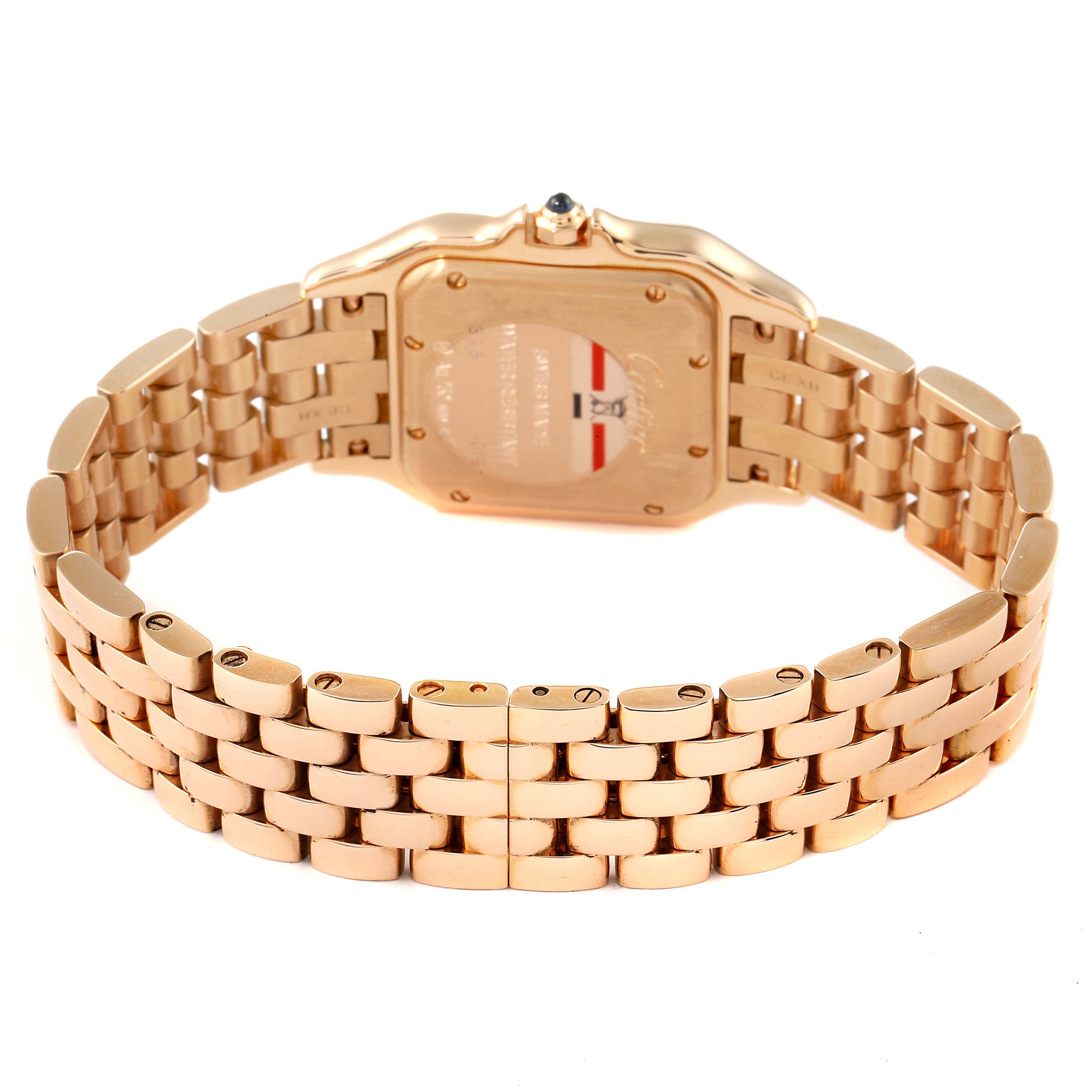 This image shows the back view of a Cartier Panthere WGPN0007 Women's Rose Gold Silver Dial WGPN0007 Women's Rose Gold Silver Dial watch, highlighting the case back and the bracelet links.