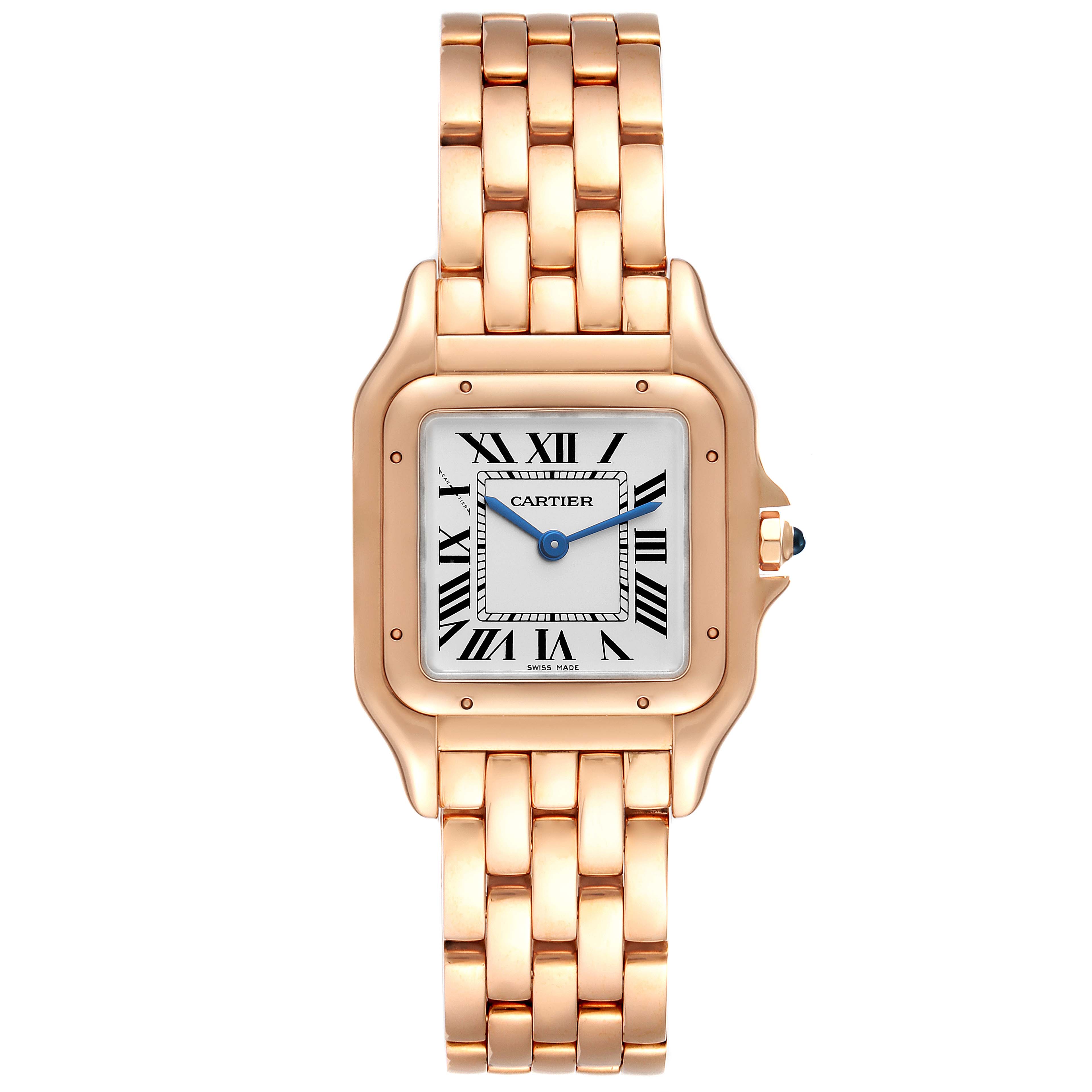 The image shows a front view of the Cartier Panthere WGPN0007 Women's Rose Gold Silver Dial WGPN0007 Women's Rose Gold Silver Dial watch, highlighting its rose gold case, bracelet, and Roman numeral dial.