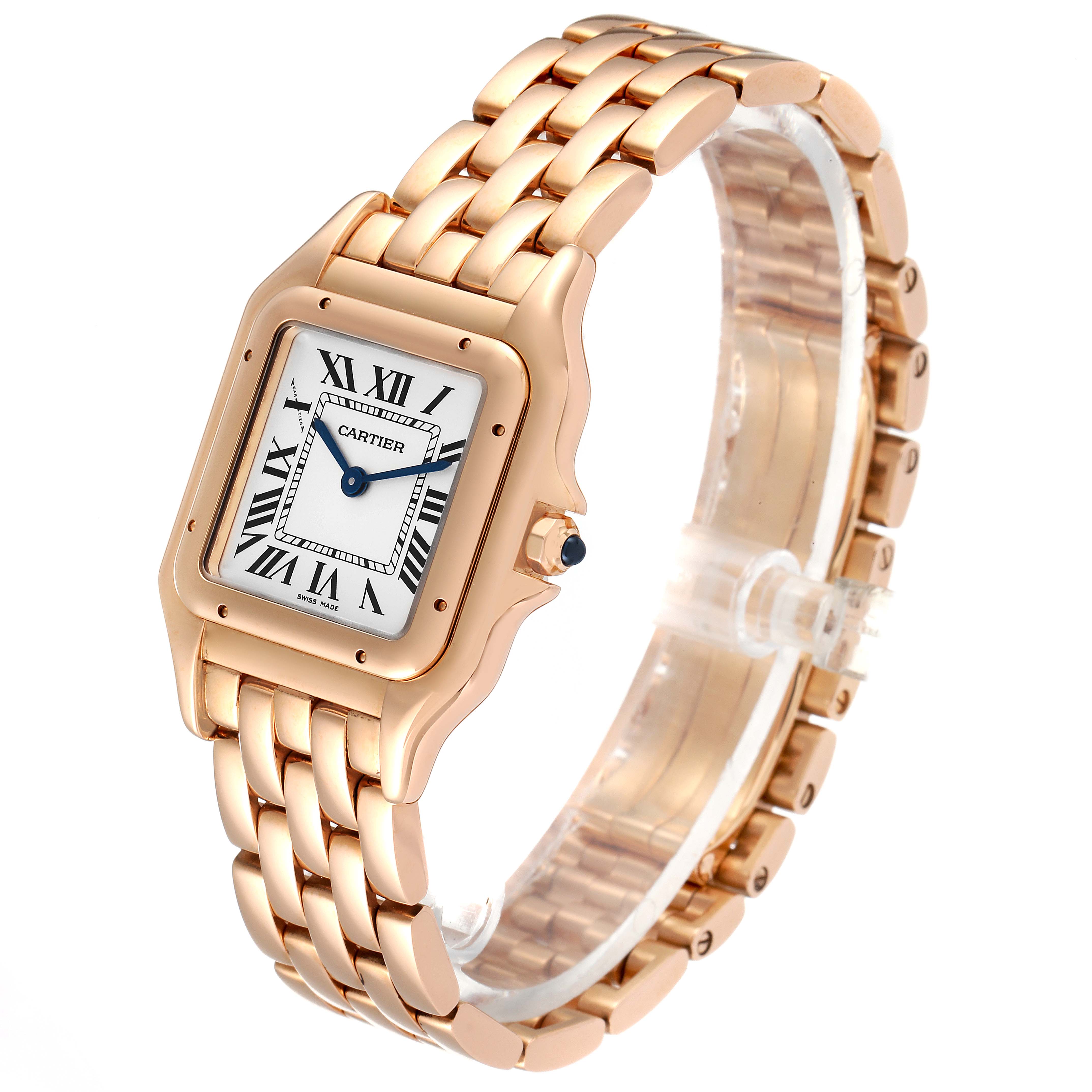 This image shows a Cartier Panthere WGPN0007 Women's Rose Gold Silver Dial WGPN0007 Women's Rose Gold Silver Dial watch at a three-quarter angle, highlighting its gold strap, square dial, and Roman numerals.