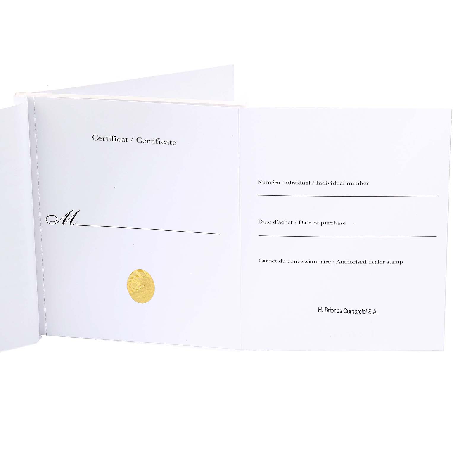 This image shows an open certificate for the Panthere model by Cartier, displaying spaces for purchase details and a dealer stamp.