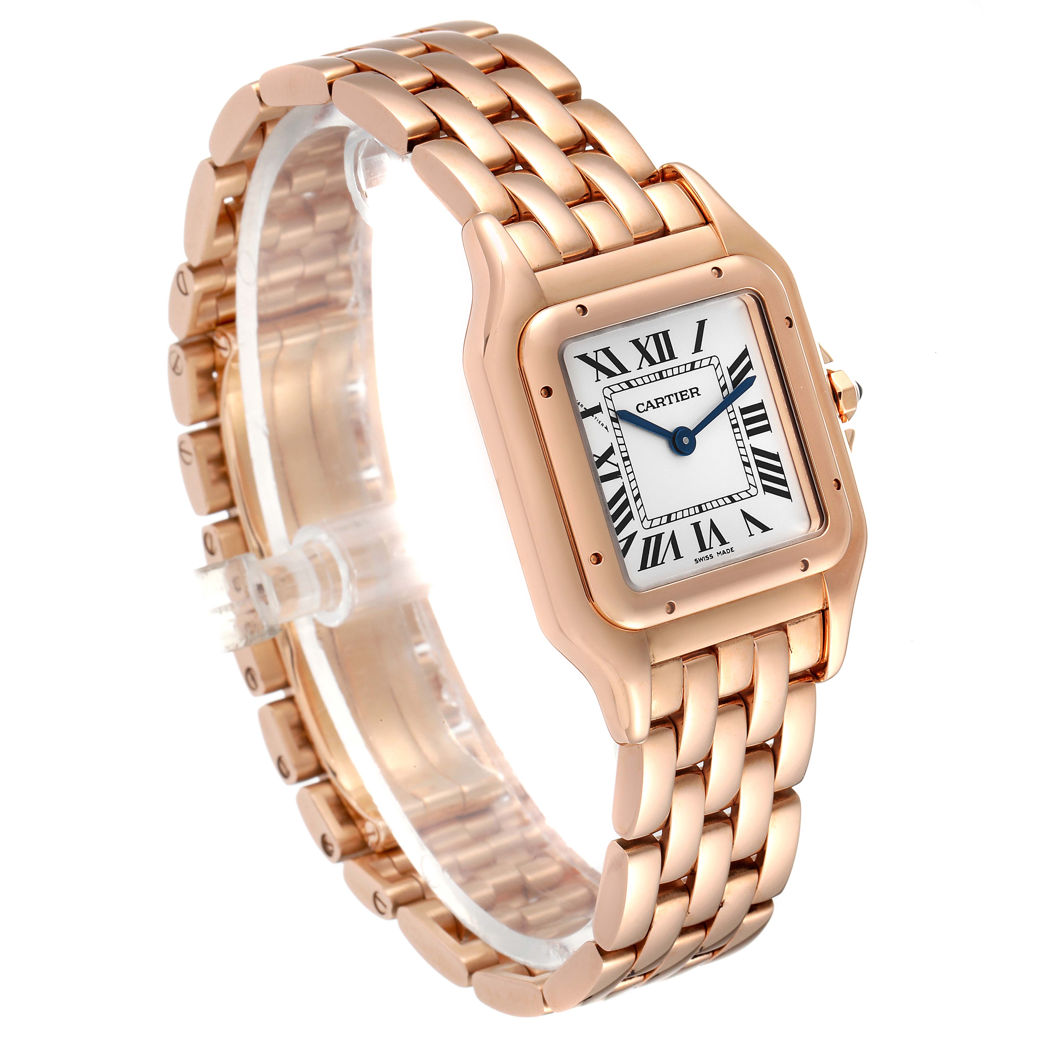 The image shows a Cartier Panthere WGPN0007 Women's Rose Gold Silver Dial WGPN0007 Women's Rose Gold Silver Dial model watch in a three-quarter angle, displaying the dial, bezel, bracelet, and part of the crown.
