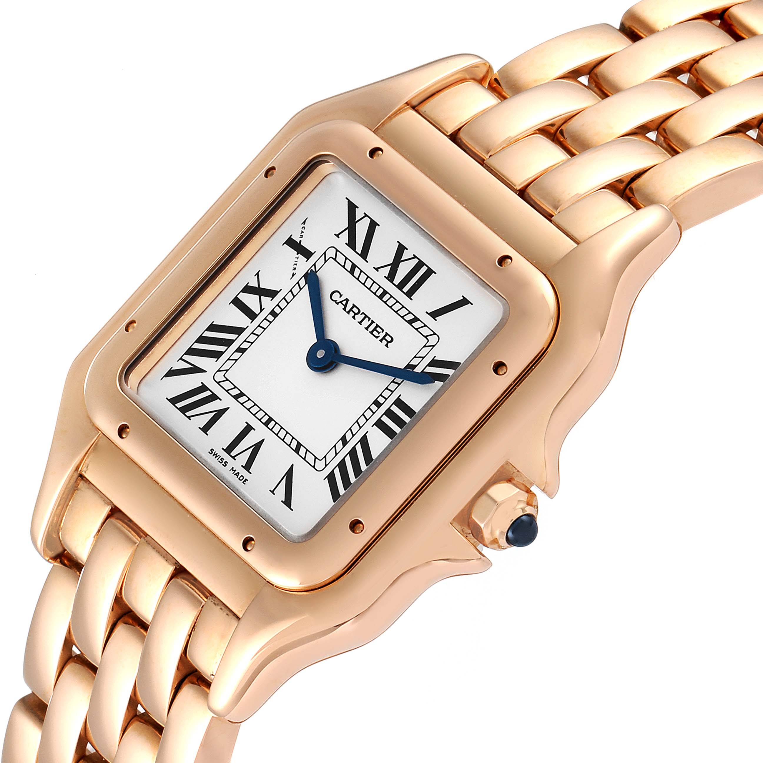 This image shows a Cartier Panthere WGPN0007 Women's Rose Gold Silver Dial WGPN0007 Women's Rose Gold Silver Dial watch at an oblique angle highlighting its rectangular face, Roman numerals, and gold bracelet.