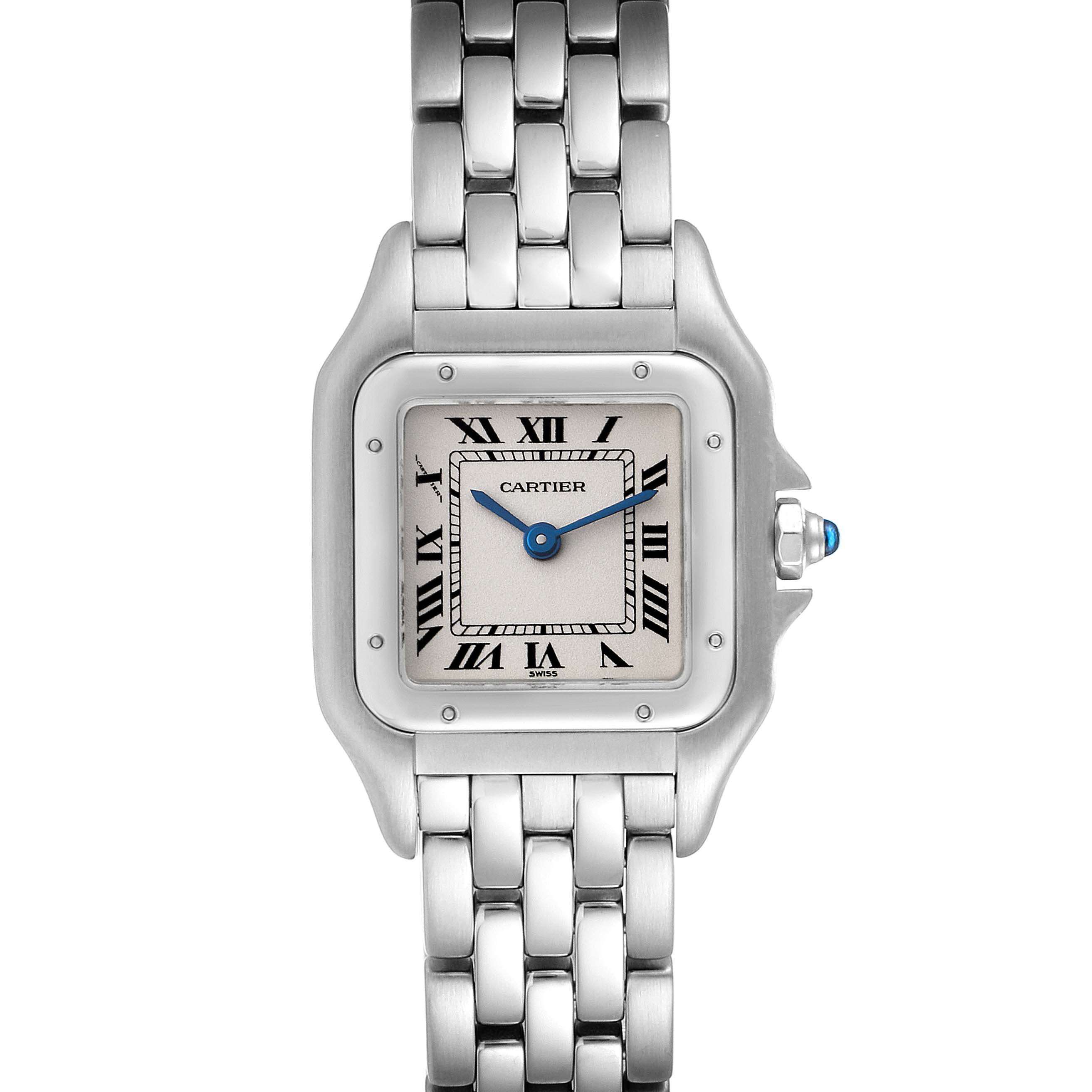 This image shows a front view of the Cartier Panthere W25033P5 Women's Stainless Steel Silver Dial W25033P5 Women's Stainless Steel Silver Dial watch, displaying its face, bezel, and bracelet.