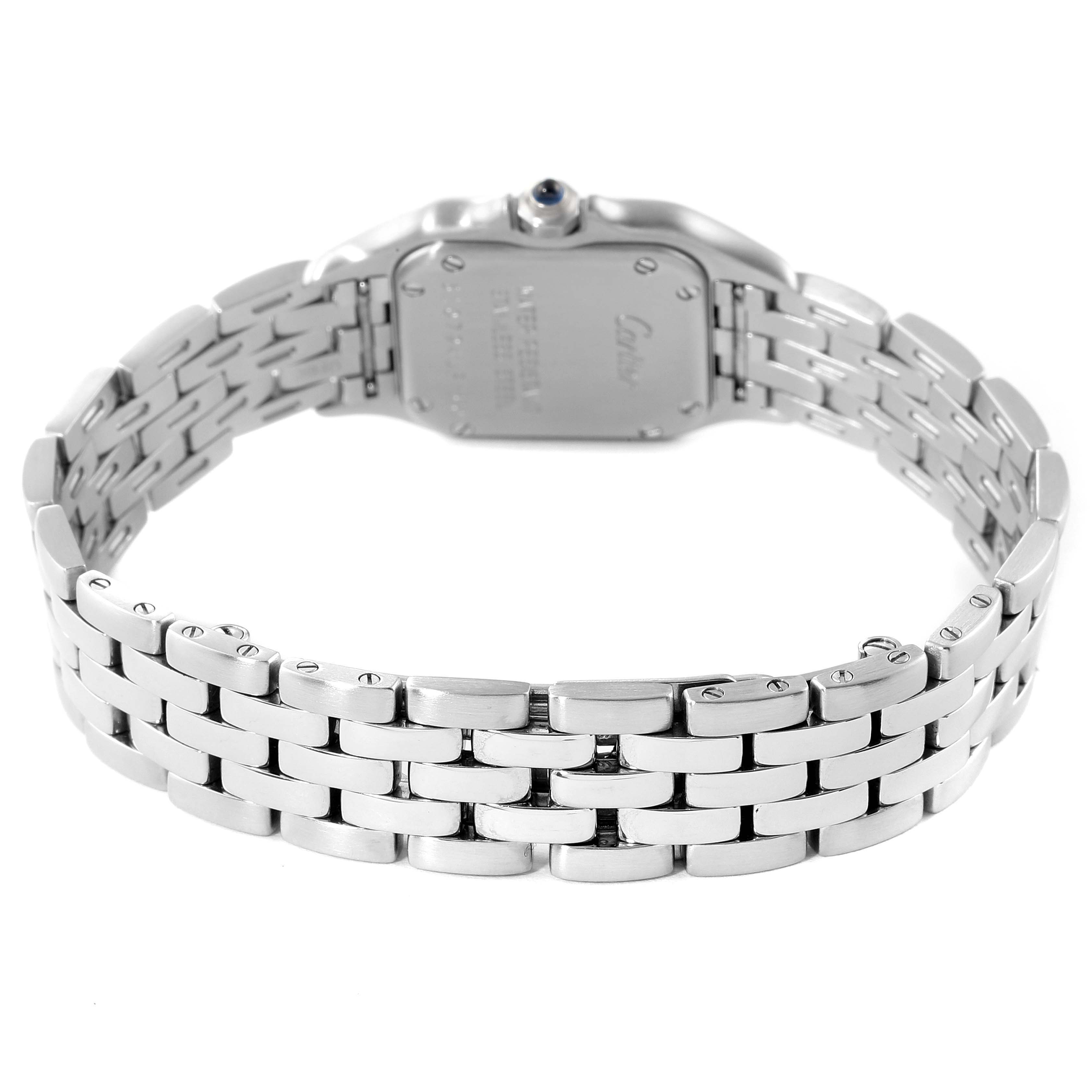 This image shows the back view of a Cartier Panthere W25033P5 Women's Stainless Steel Silver Dial W25033P5 Women's Stainless Steel Silver Dial watch, highlighting the bracelet and case back.