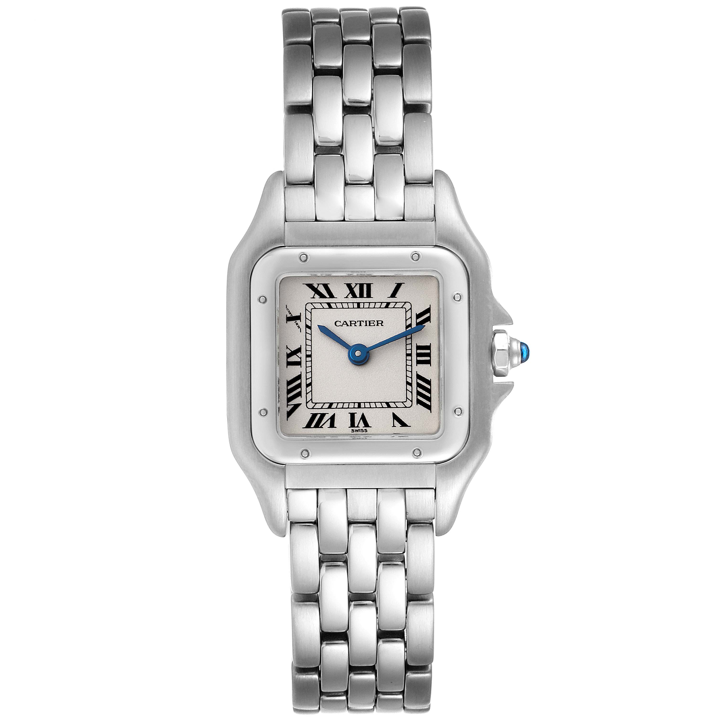 This image shows a Cartier Panthere W25033P5 Women's Stainless Steel Silver Dial W25033P5 Women's Stainless Steel Silver Dial watch from a front angle, highlighting its dial, case, and bracelet.
