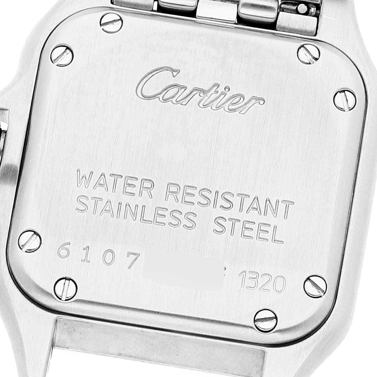 The image shows the back case of a Cartier Panthere W25033P5 Women's Stainless Steel Silver Dial W25033P5 Women's Stainless Steel Silver Dial watch, highlighting its stainless steel material and water resistance.