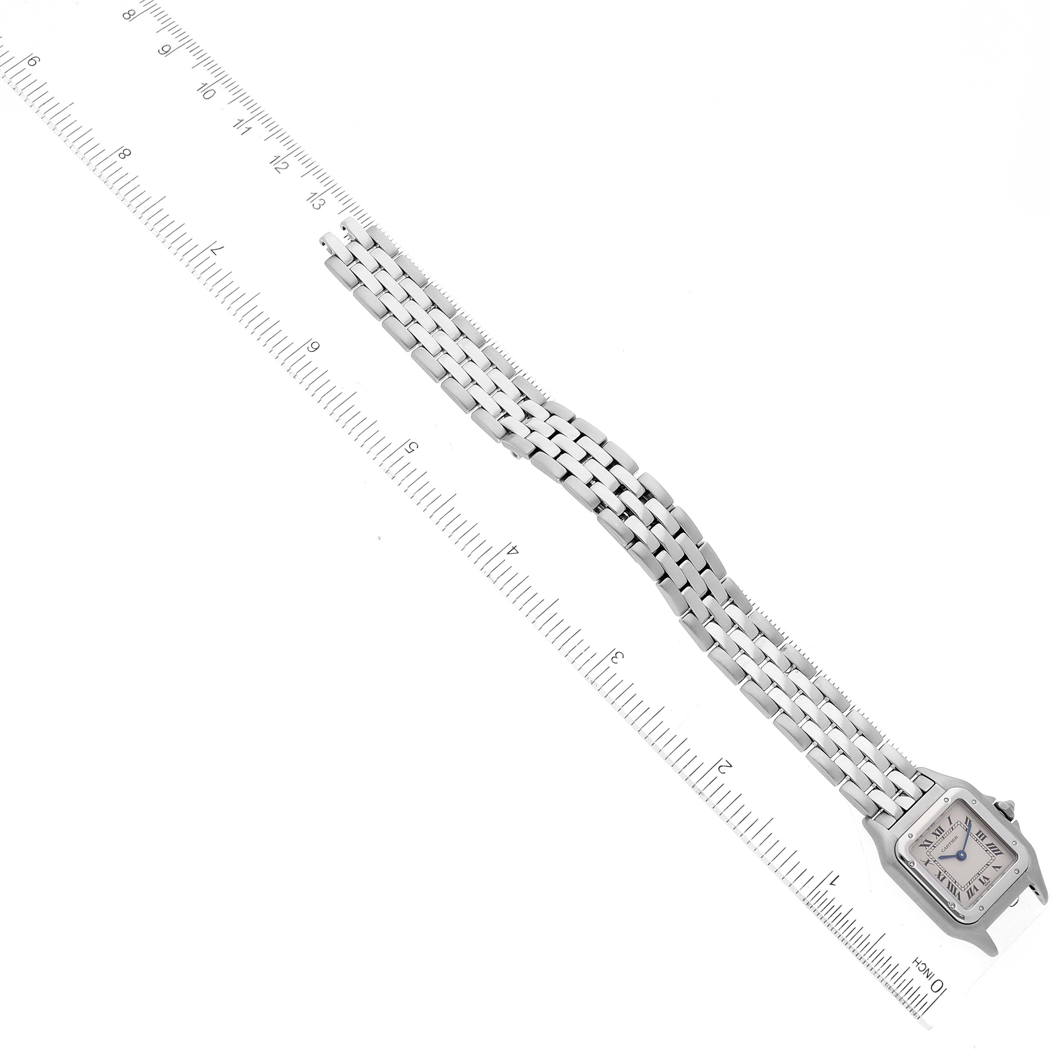 The image shows a Cartier Panthere W25033P5 Women's Stainless Steel Silver Dial W25033P5 Women's Stainless Steel Silver Dial watch from an angled top view, displaying the face and full metal bracelet next to a ruler for scale.