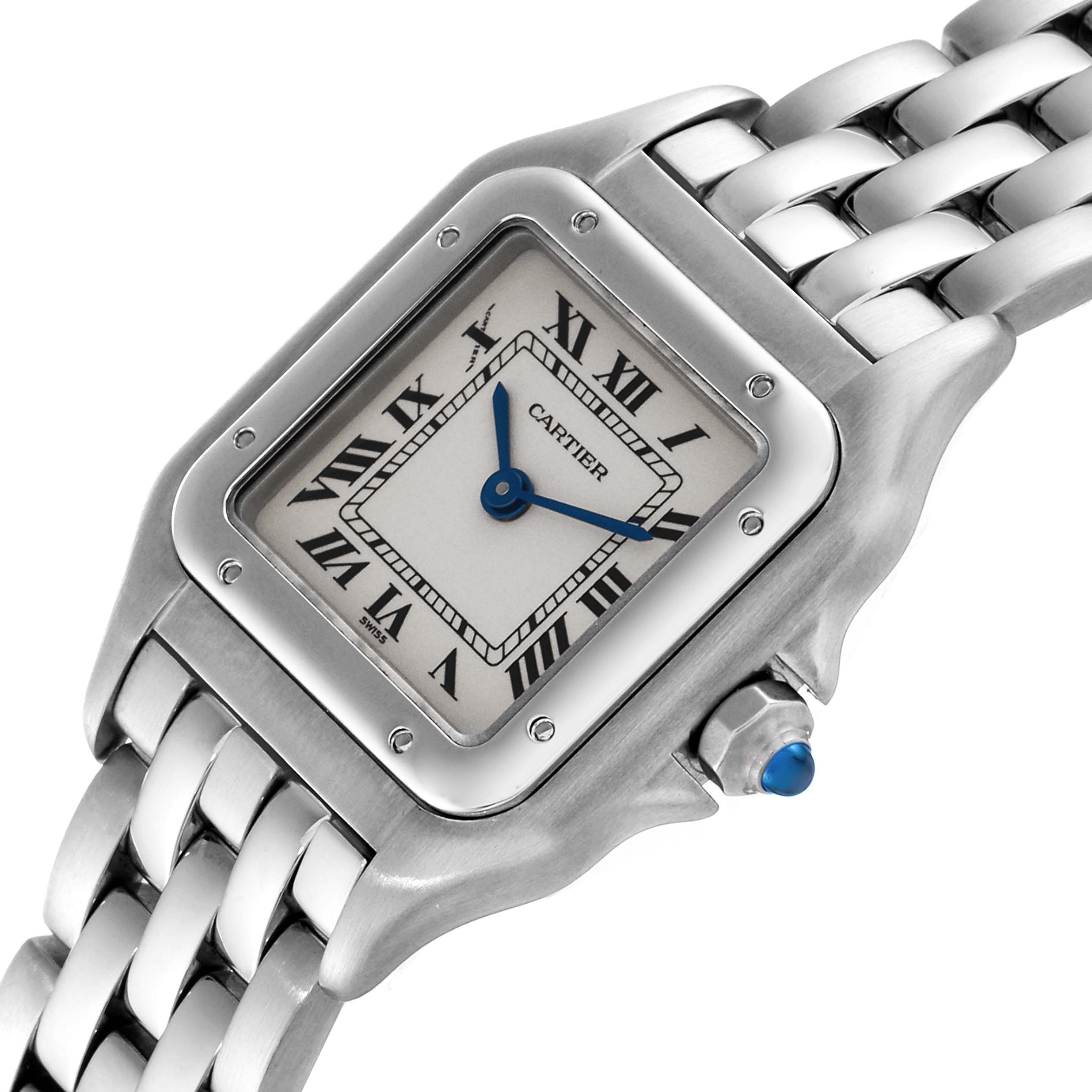 The image shows a close-up angled view focusing on the face and bracelet of the Cartier Panthere W25033P5 Women's Stainless Steel Silver Dial W25033P5 Women's Stainless Steel Silver Dial model watch.