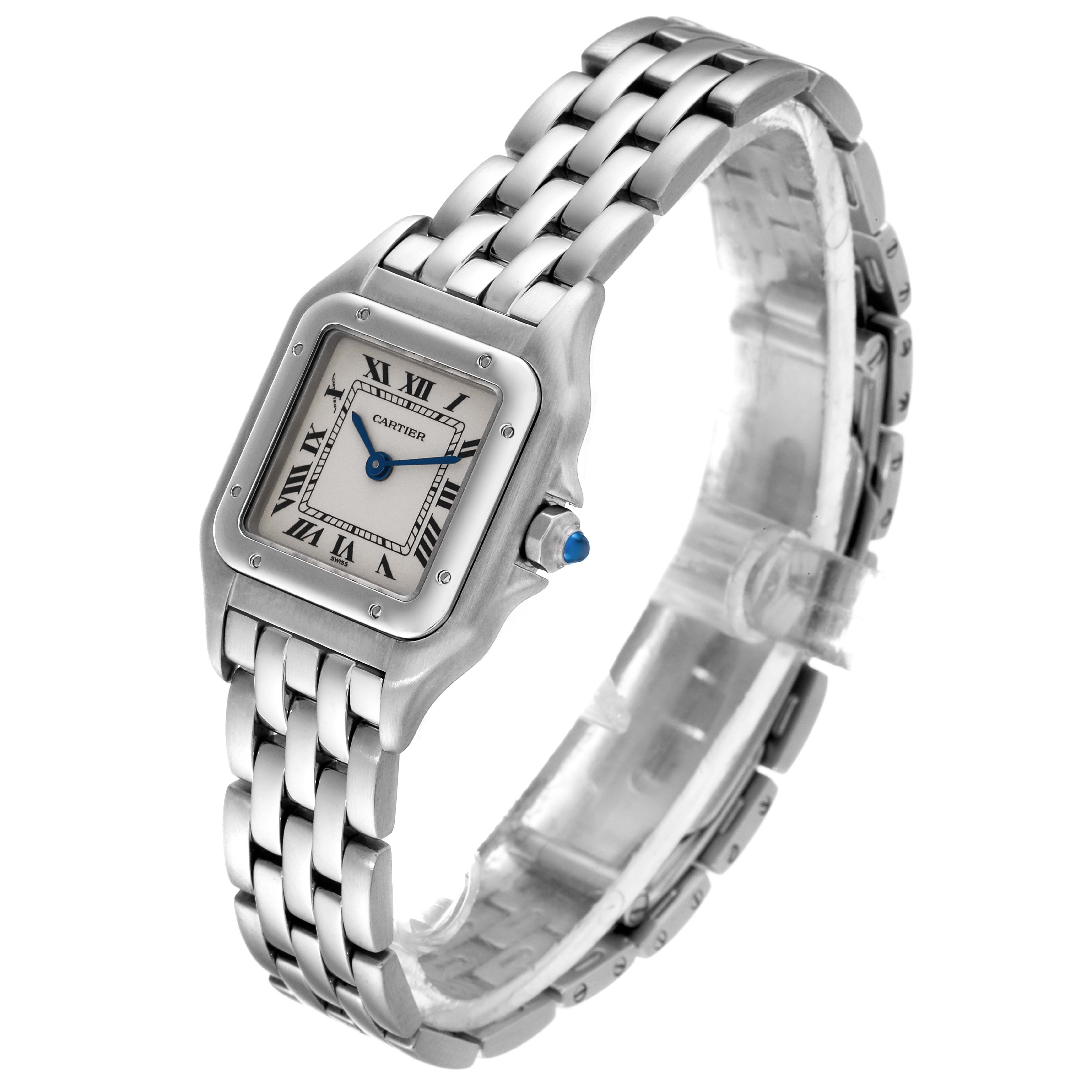 This image shows a Cartier Panthere W25033P5 Women's Stainless Steel Silver Dial W25033P5 Women's Stainless Steel Silver Dial model watch from a three-quarter angle, highlighting its face, bezel, and bracelet.