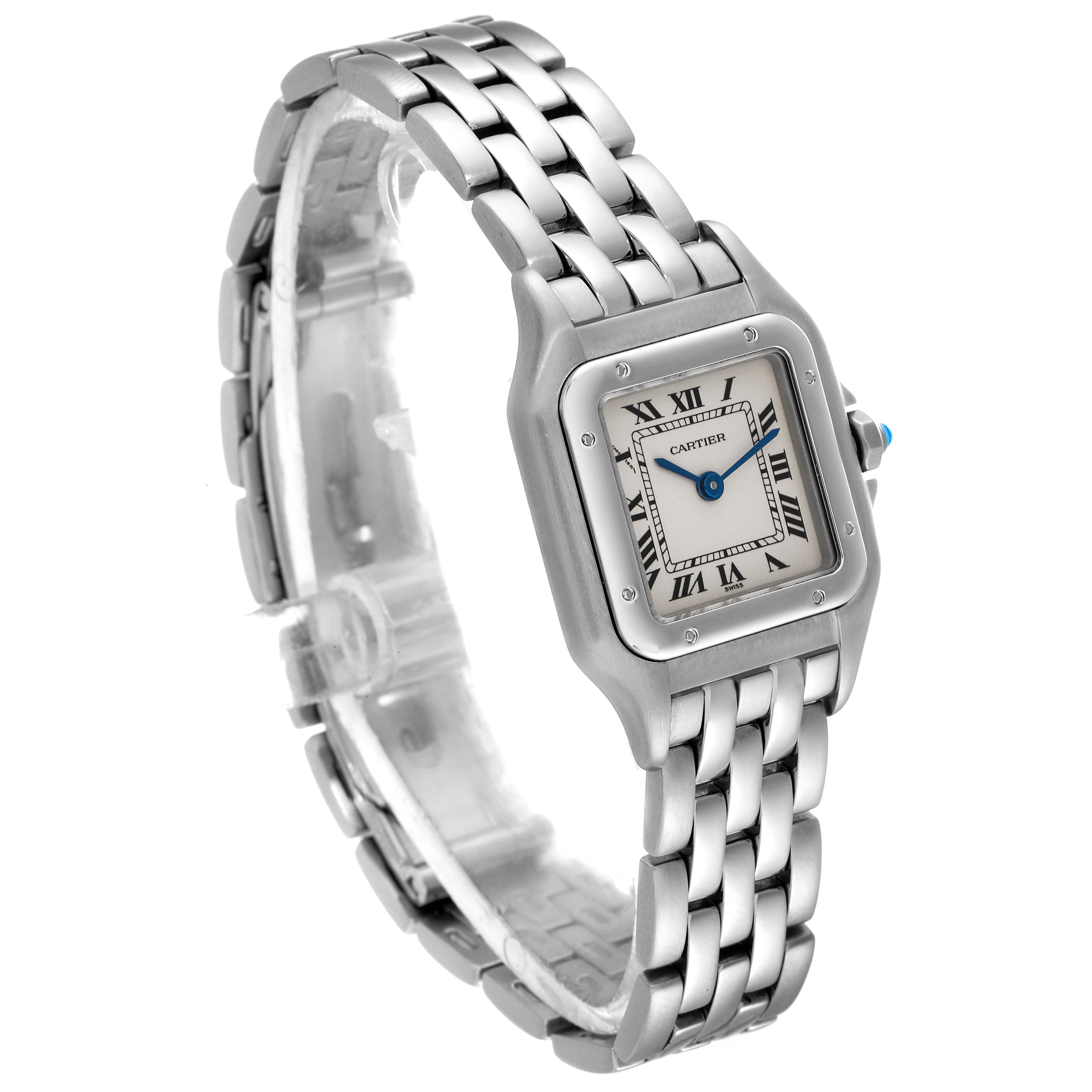 The Cartier Panthere W25033P5 Women's Stainless Steel Silver Dial W25033P5 Women's Stainless Steel Silver Dial watch is shown at a slight angle, displaying its square face, Roman numerals, and linked bracelet.