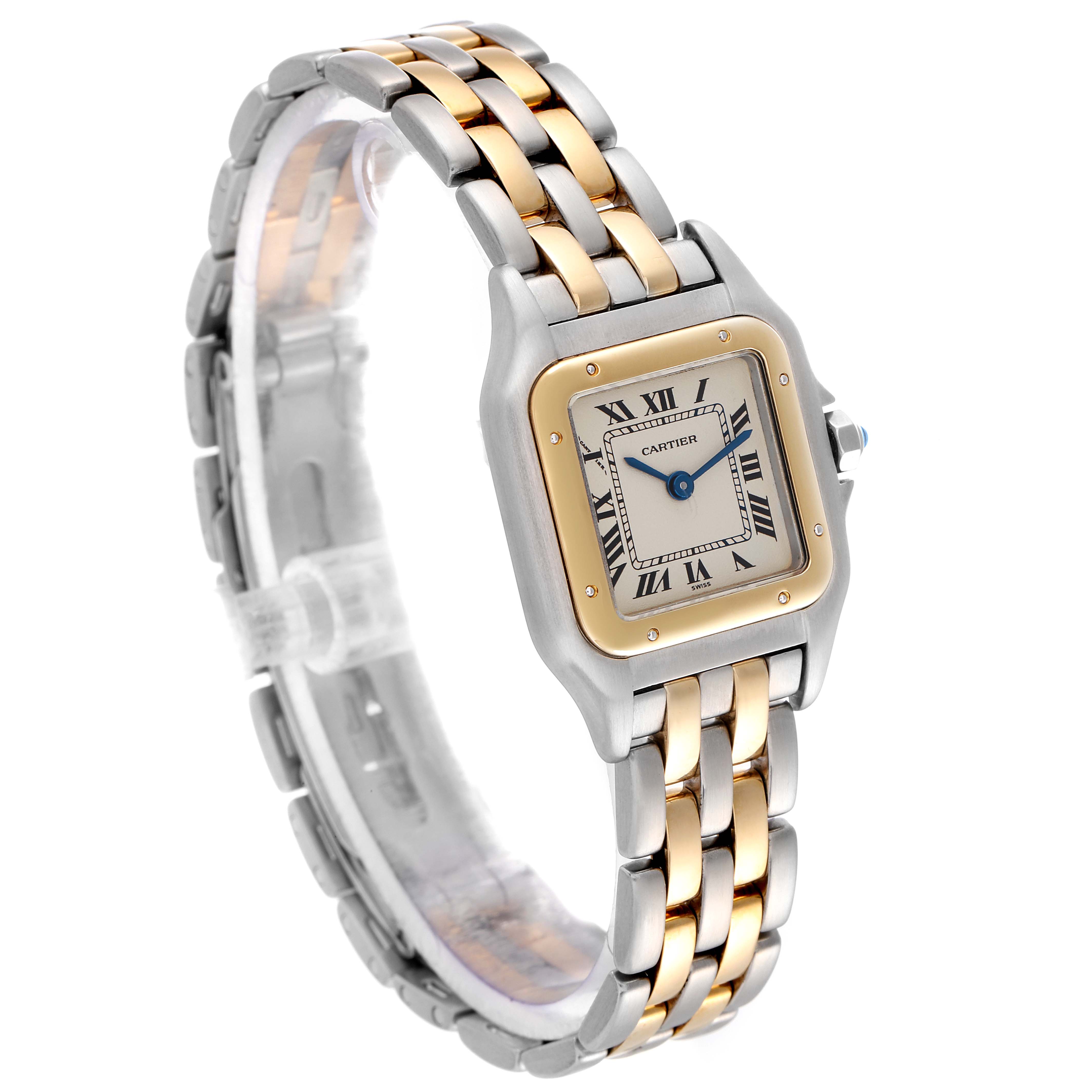 The image shows a three-quarter view of a Cartier Panthère watch, highlighting its square face and bicolor metal bracelet.