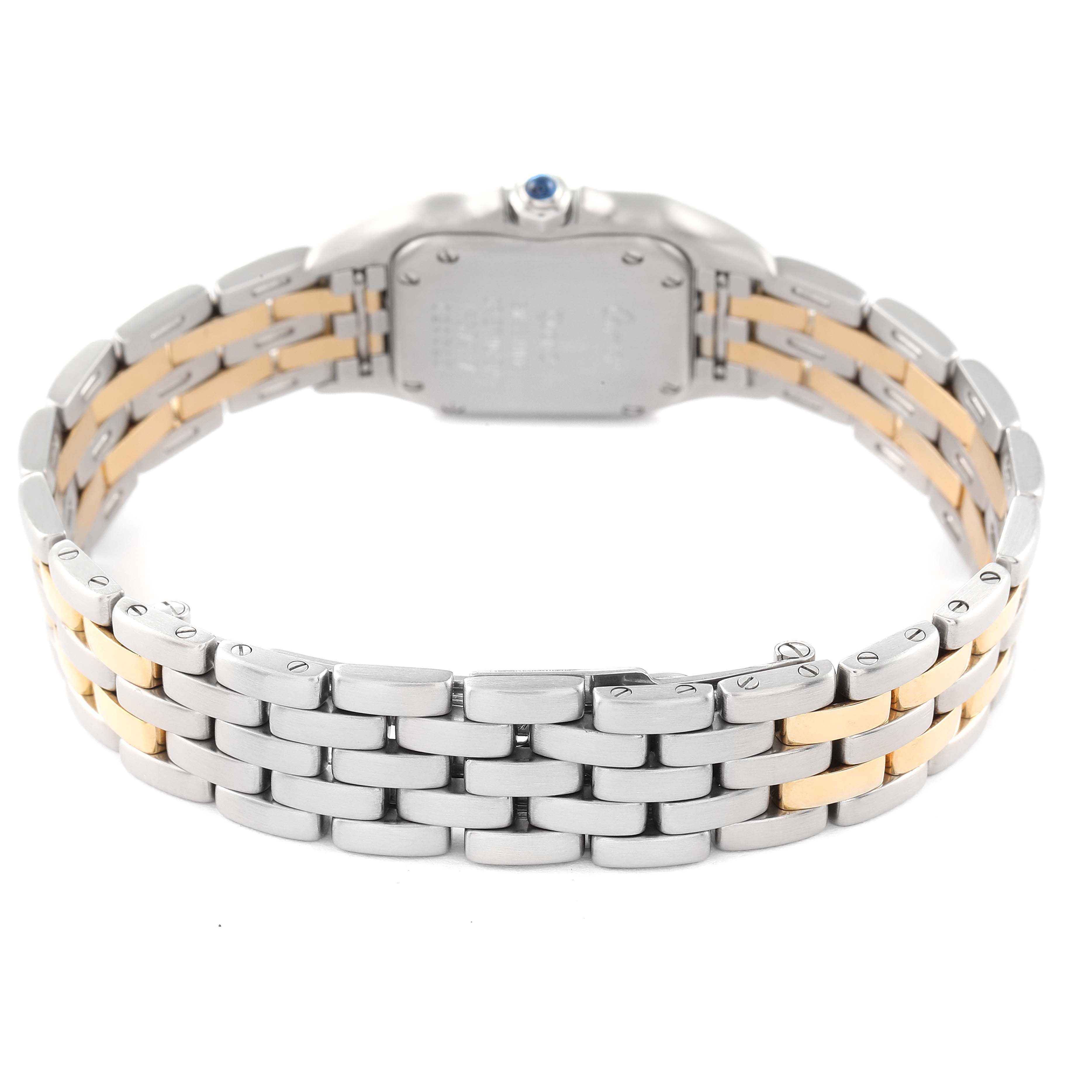 The image shows the back view of the Panthere model by Cartier, highlighting its two-tone metal bracelet.
