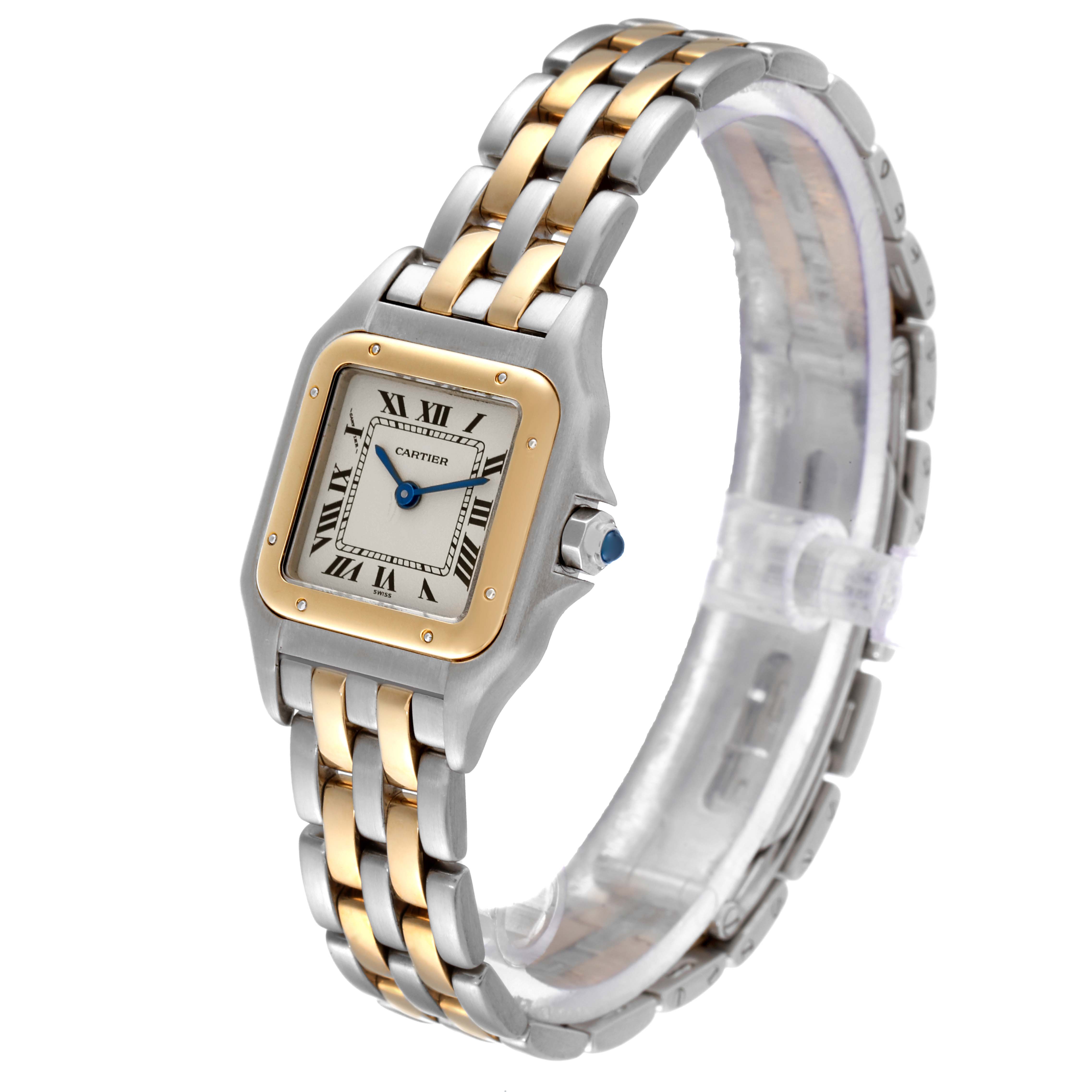 This image shows the Cartier Panthere W25029B6 Women's Steel and Gold (two tone) Silver Dial W25029B6 Women's Steel and Gold (two tone) Silver Dial watch at a three-quarter angle, highlighting the face, bezel, and bracelet.
