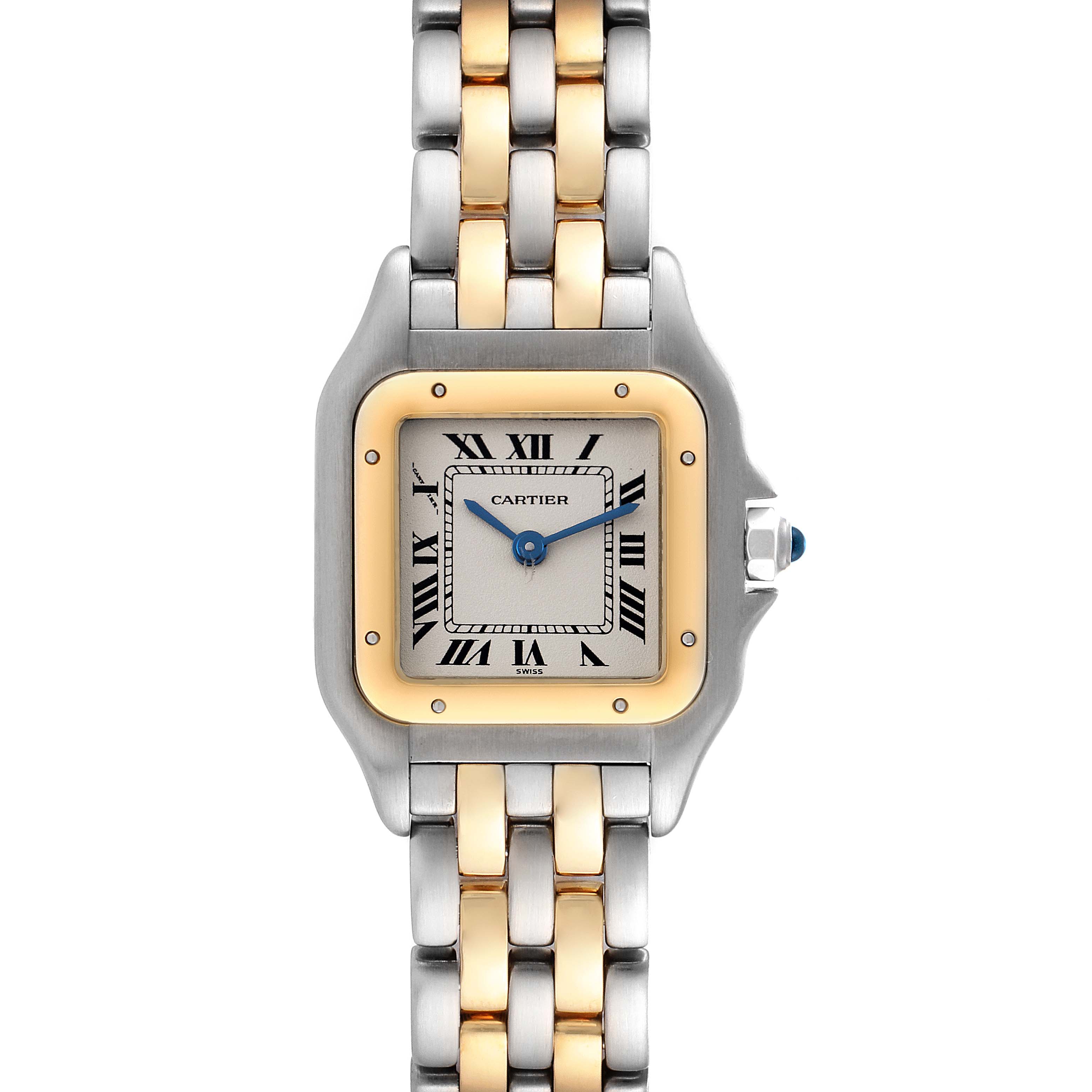 The image shows a front view of a Cartier Panthere W25029B6 Women's Steel and Gold (two tone) Silver Dial W25029B6 Women's Steel and Gold (two tone) Silver Dial watch, highlighting its two-tone metal band and square face with Roman numerals.