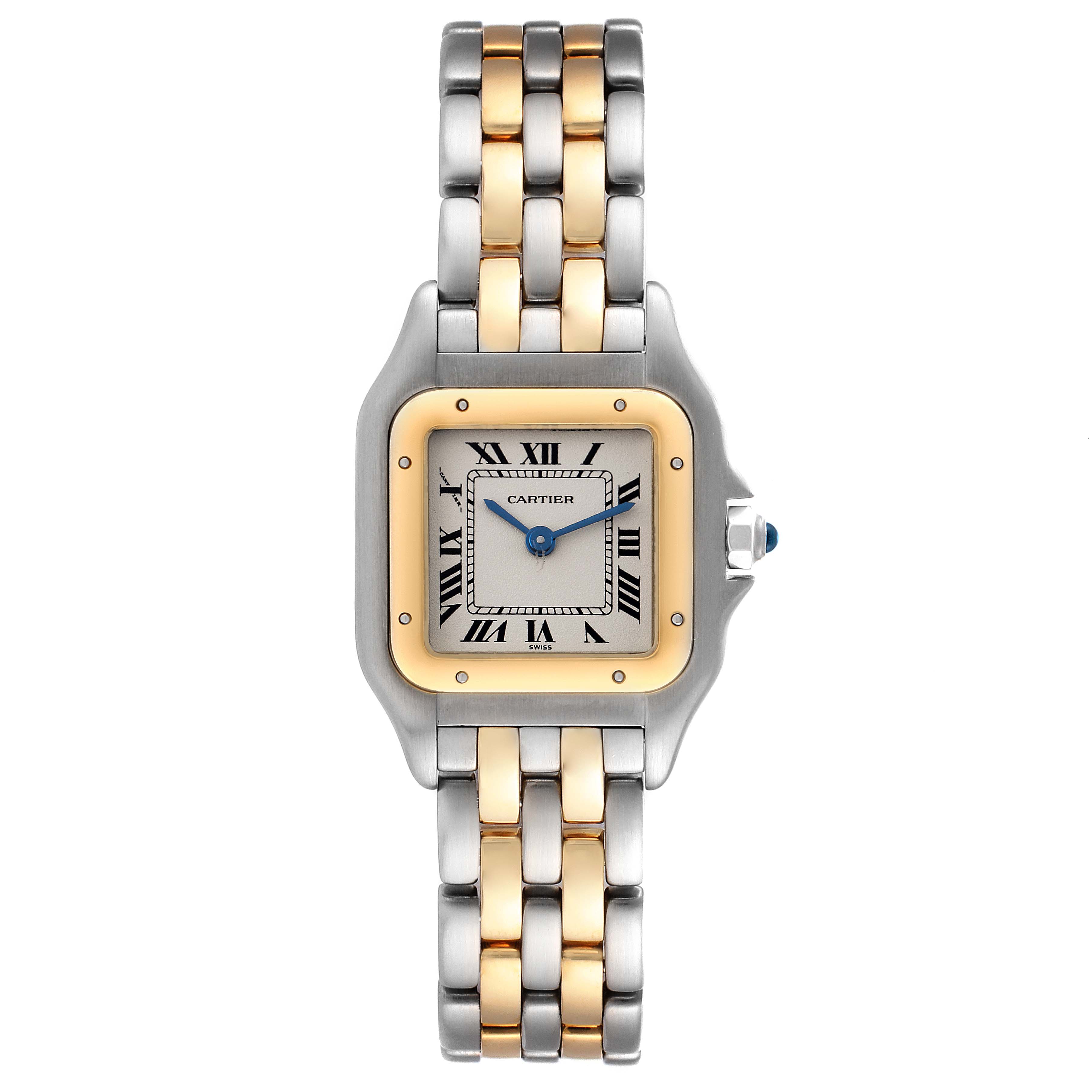 This is a front view of a Cartier Panthere W25029B6 Women's Steel and Gold (two tone) Silver Dial W25029B6 Women's Steel and Gold (two tone) Silver Dial watch featuring a two-tone bracelet and a square face with Roman numerals.