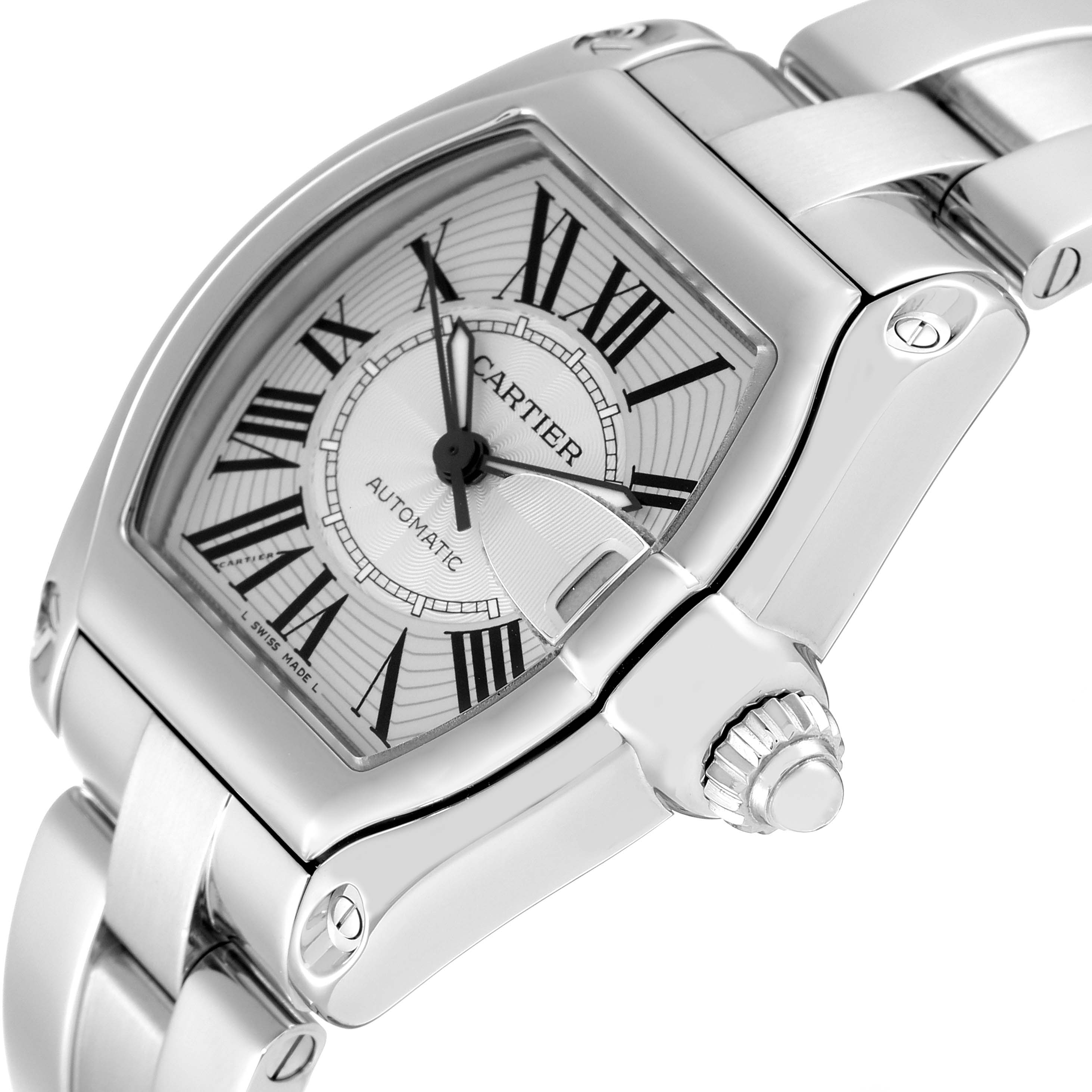 This image shows a close-up of a Cartier Roadster W62025V3 Men's Stainless Steel Silver Dial W62025V3 Men's Stainless Steel Silver Dial watch, highlighting the dial, crown, and part of the metal bracelet.