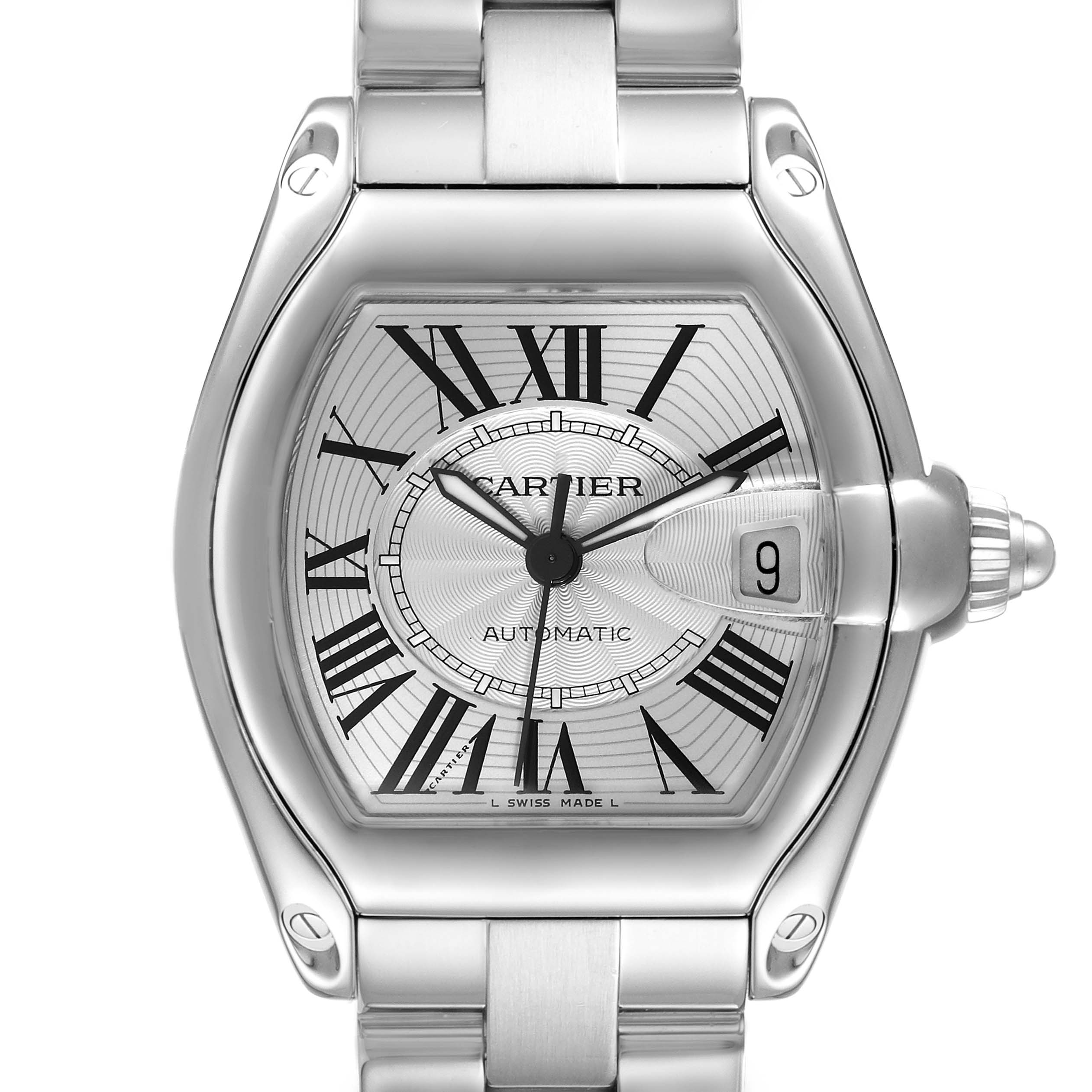 This image shows a front view of the Cartier Roadster W62025V3 Men's Stainless Steel Silver Dial W62025V3 Men's Stainless Steel Silver Dial watch, highlighting its dial, hands, and bracelet.