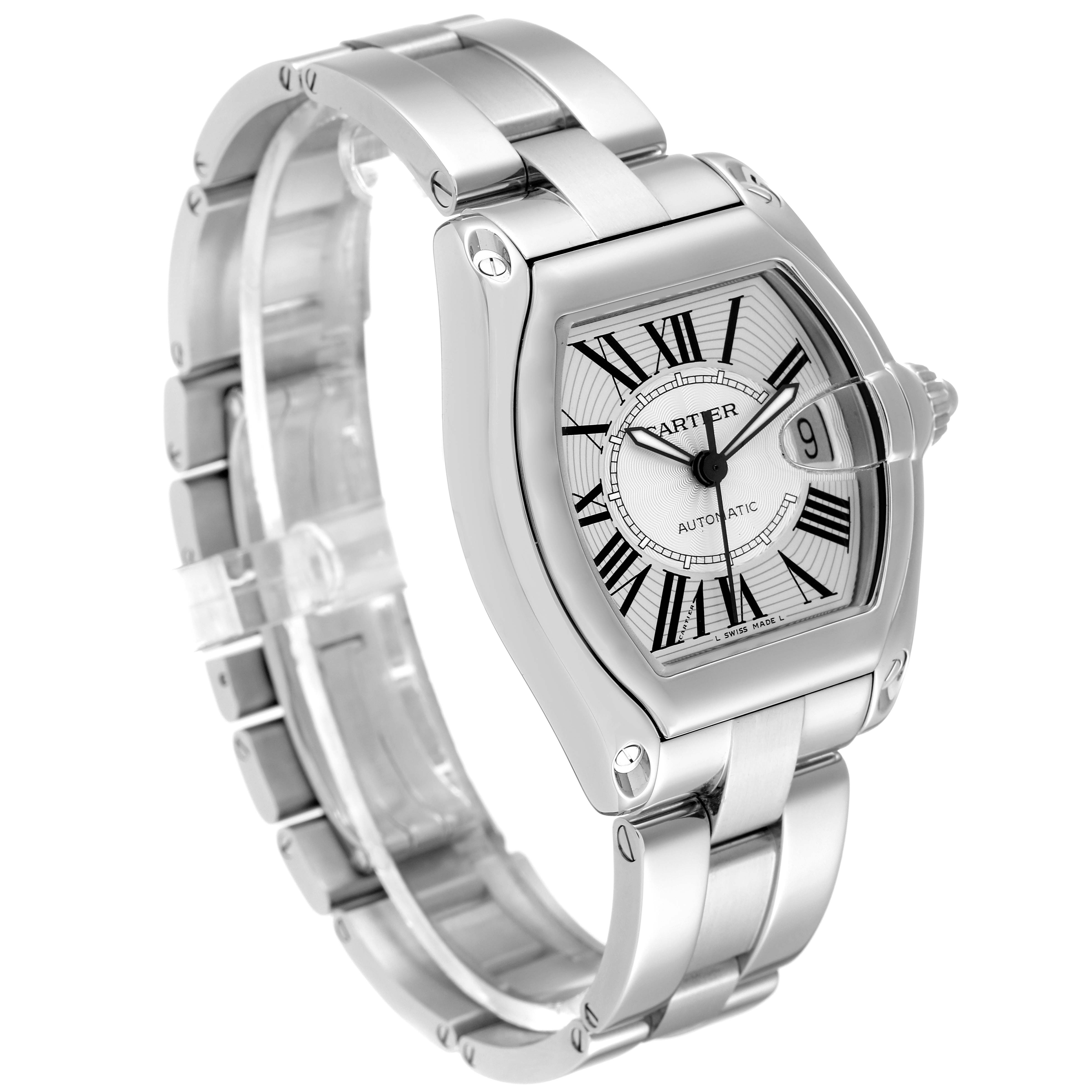 The Cartier Roadster W62025V3 Men's Stainless Steel Silver Dial W62025V3 Men's Stainless Steel Silver Dial watch is shown at a slight angle, highlighting the face, bezel, bracelet, and deployment clasp.