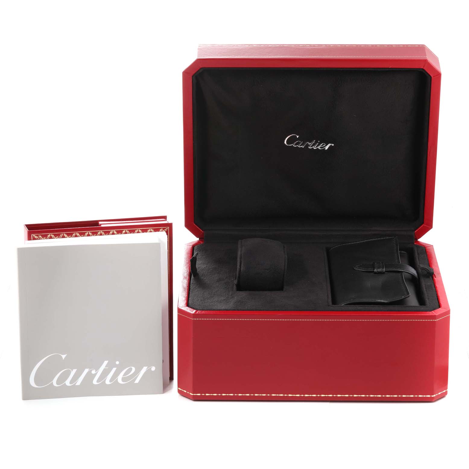 The image shows an open red Cartier Roadster W62025V3 Men's Stainless Steel Silver Dial W62025V3 Men's Stainless Steel Silver Dial watch box with a black interior, alongside paperwork and a carrying case.