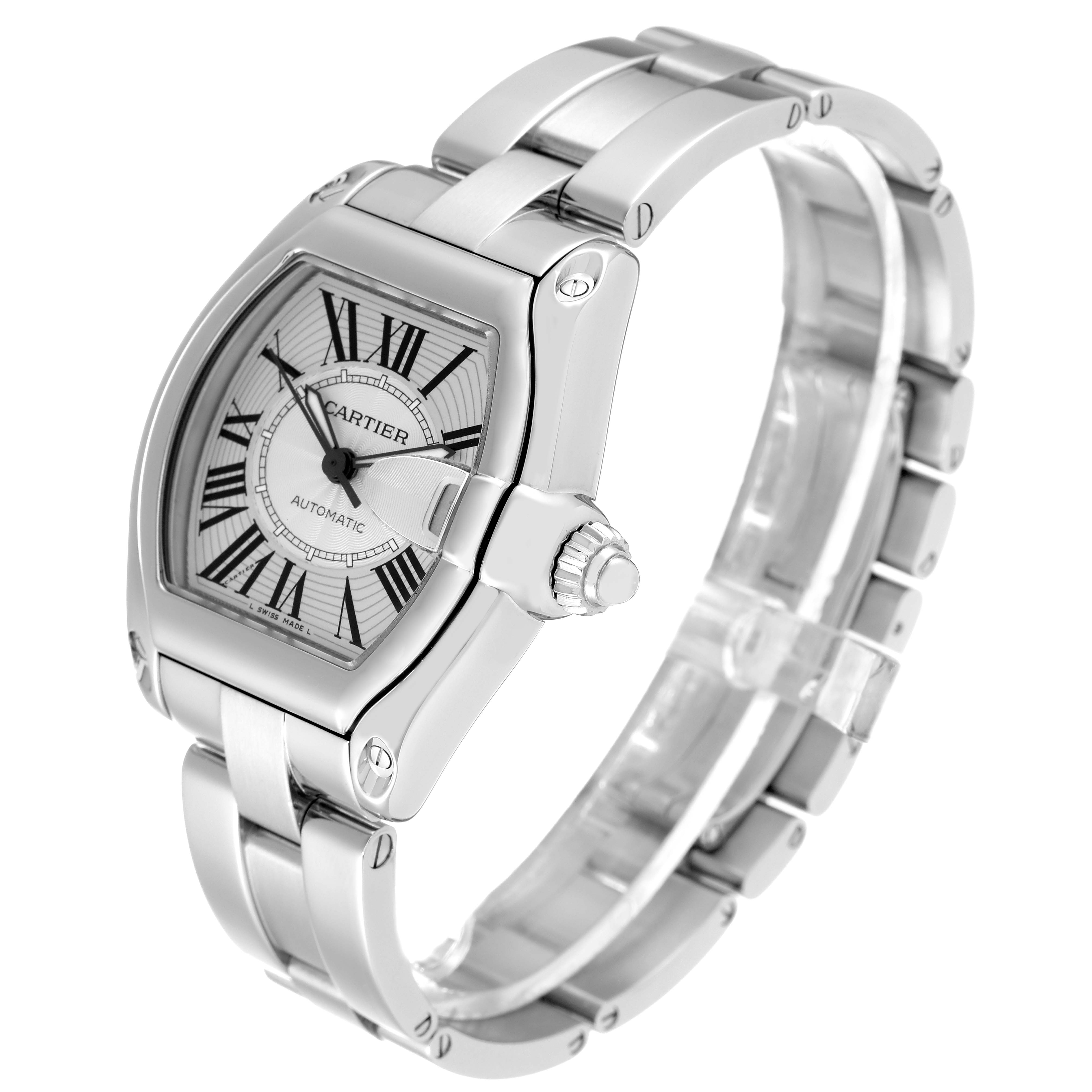 The Cartier Roadster W62025V3 Men's Stainless Steel Silver Dial W62025V3 Men's Stainless Steel Silver Dial watch is displayed at an oblique angle, showing the face, dial, crown, and bracelet.