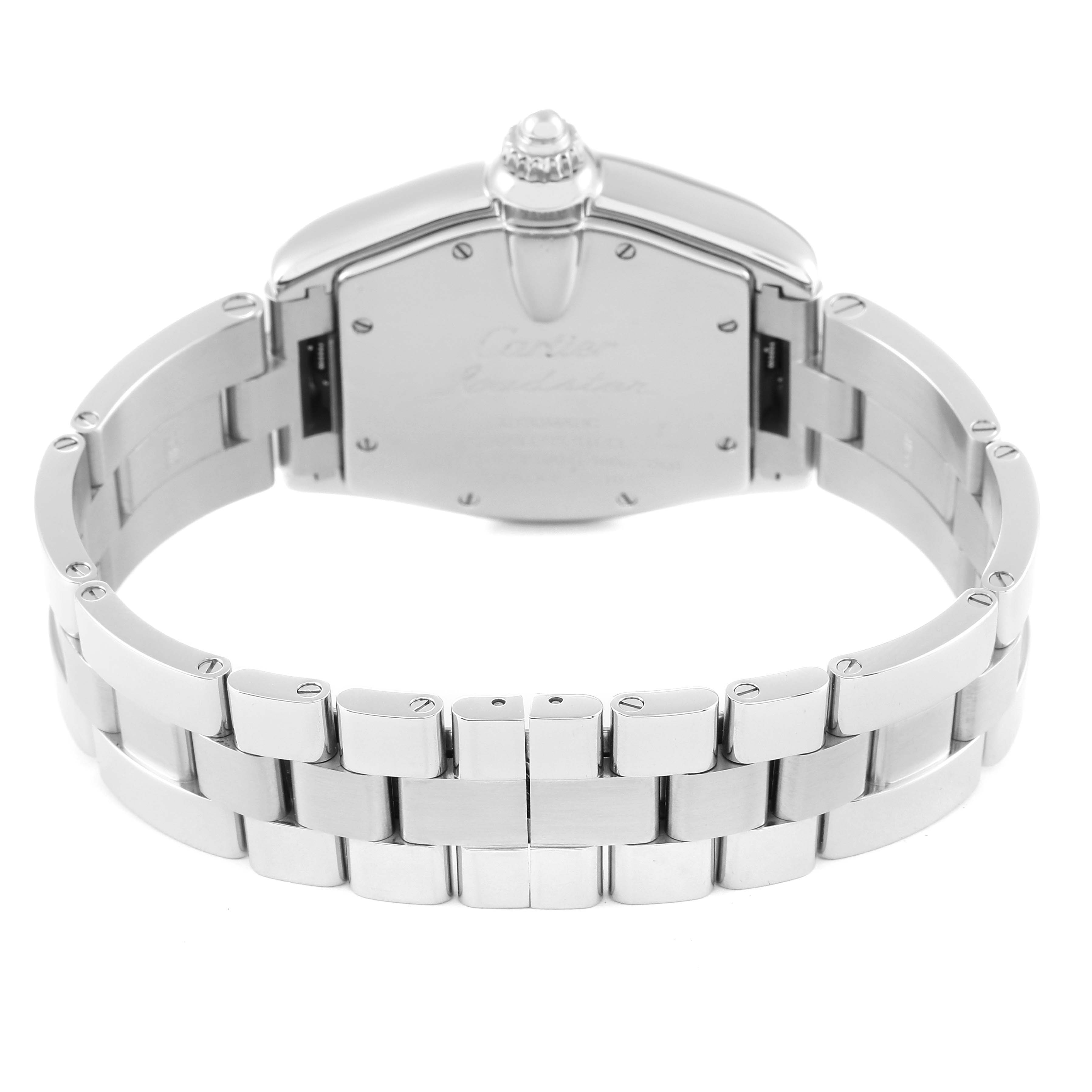 The image shows the back view of the Cartier Roadster W62025V3 Men's Stainless Steel Silver Dial W62025V3 Men's Stainless Steel Silver Dial watch, highlighting its clasp and bracelet.
