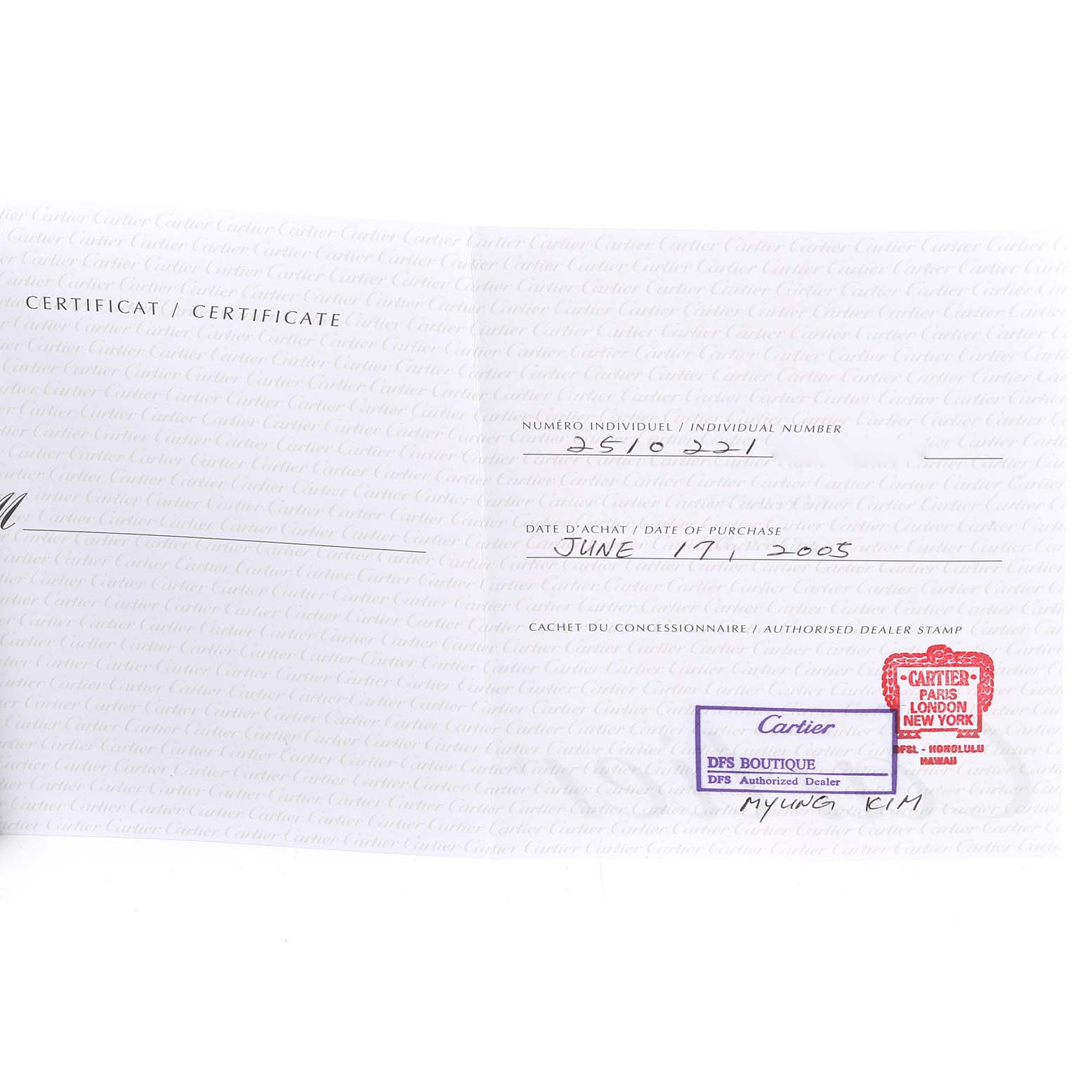 The image shows the certificate of authenticity for the Cartier Roadster W62025V3 Men's Stainless Steel Silver Dial W62025V3 Men's Stainless Steel Silver Dial watch, including purchase date, dealer stamp, and serial number.