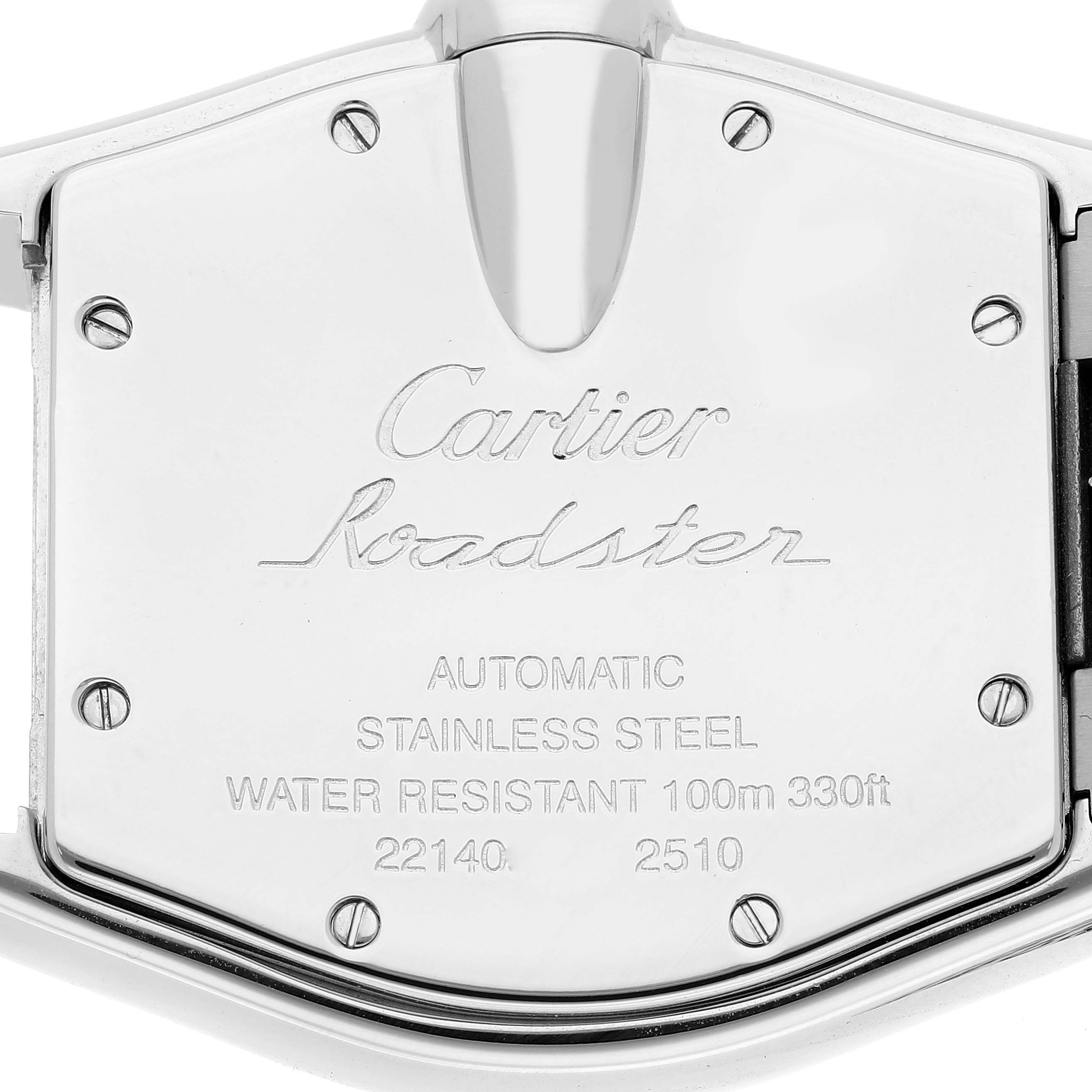 The image shows the back casing of a Cartier Roadster W62025V3 Men's Stainless Steel Silver Dial W62025V3 Men's Stainless Steel Silver Dial watch, highlighting its stainless steel construction and details.