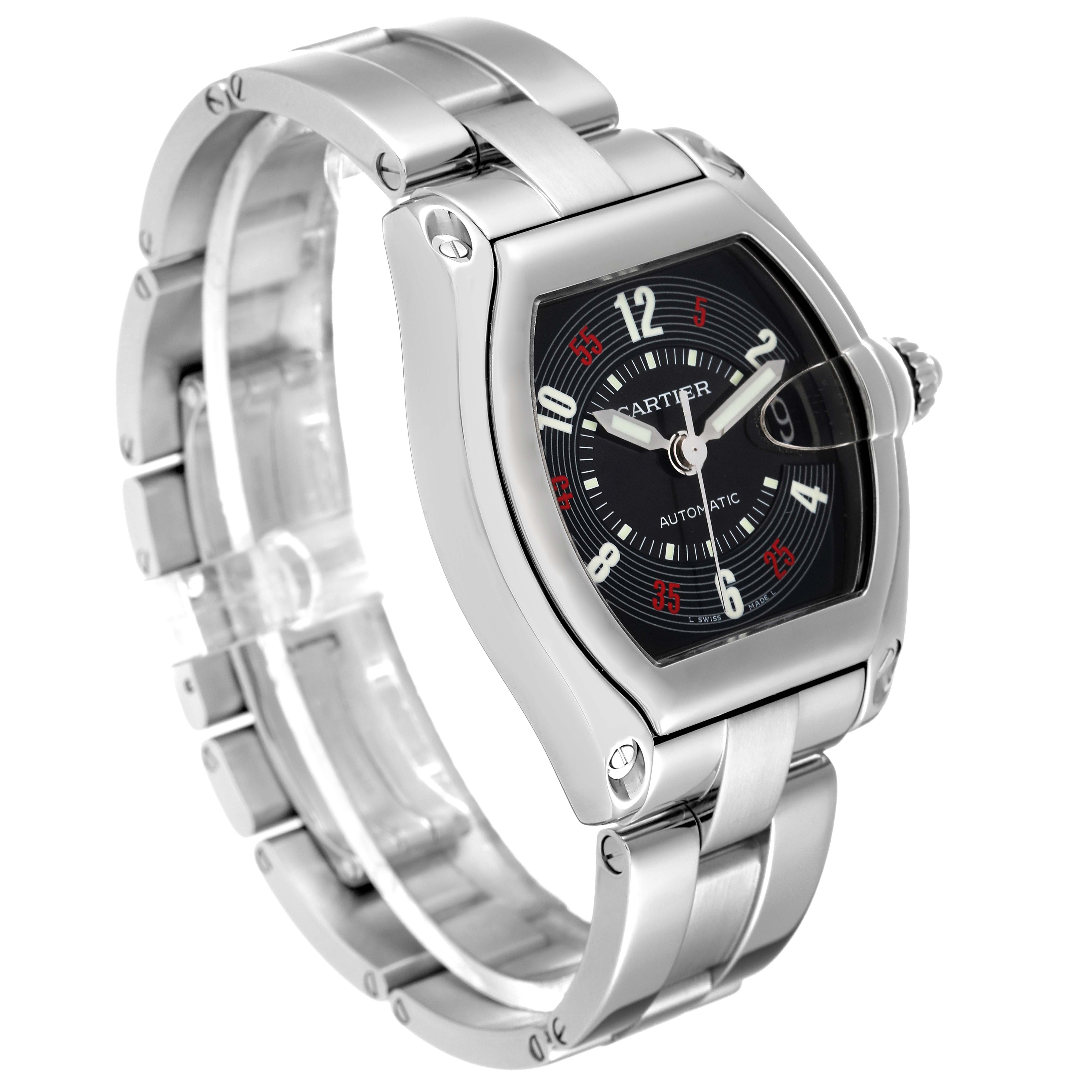 The Cartier Roadster W62002V3 Men's Stainless Steel Black Dial W62002V3 Men's Stainless Steel Black Dial watch is shown at a three-quarter angle, highlighting its face, bezel, and metal bracelet.