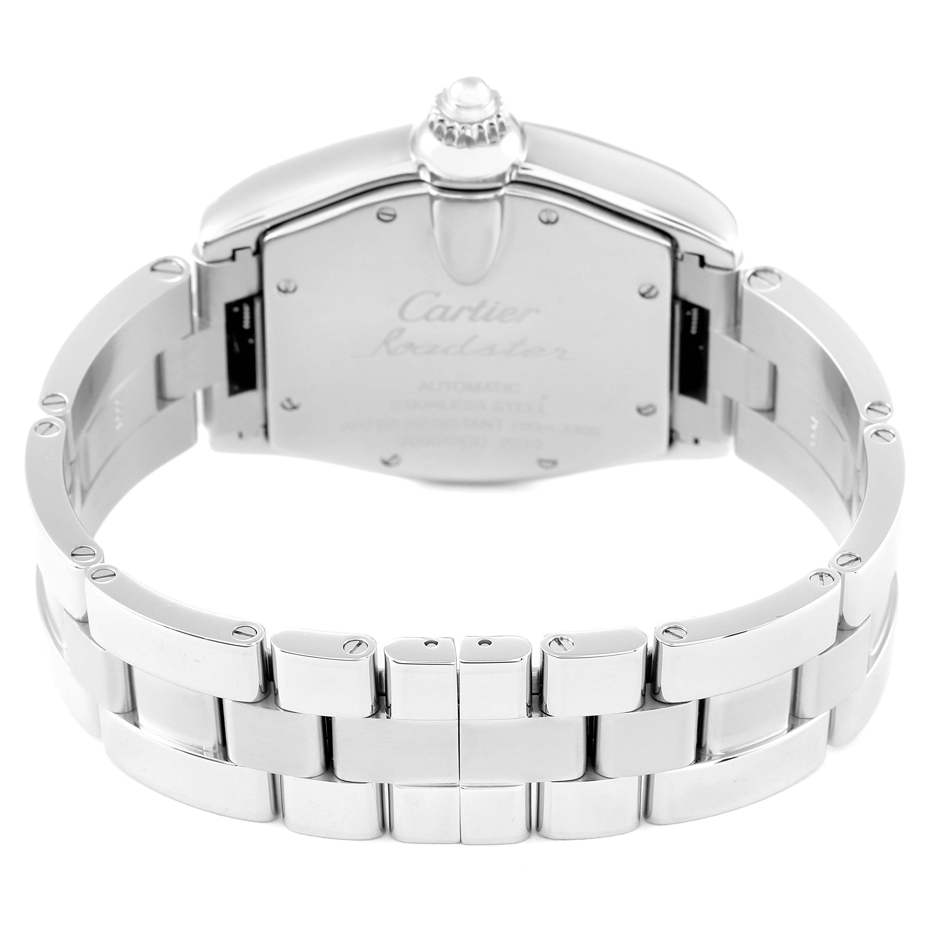 The image shows the back and bracelet of the Cartier Roadster W62002V3 Men's Stainless Steel Black Dial W62002V3 Men's Stainless Steel Black Dial watch, viewed from behind.