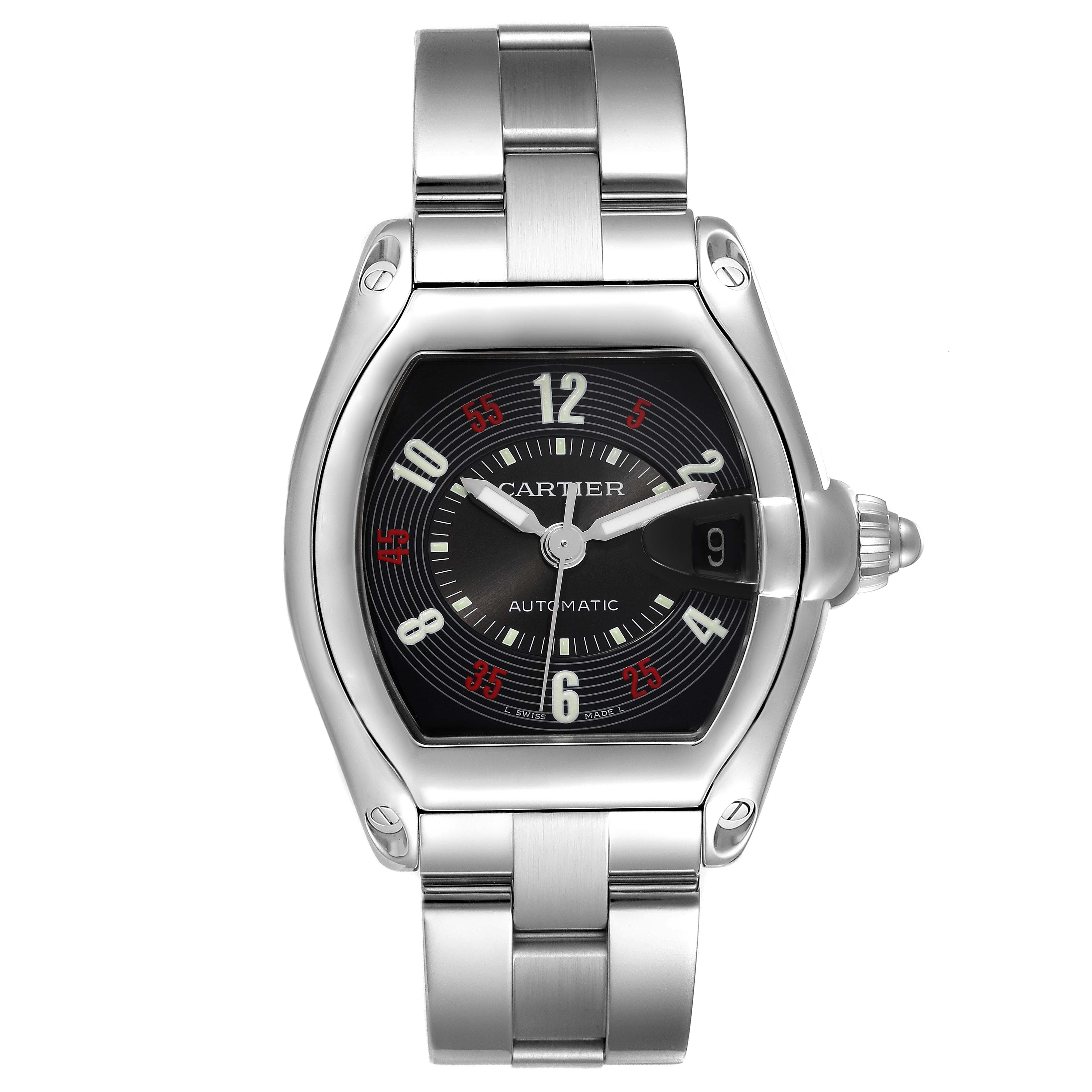 This is a head-on view of the Cartier Roadster W62002V3 Men's Stainless Steel Black Dial W62002V3 Men's Stainless Steel Black Dial watch, showing the entire face and stainless steel bracelet.