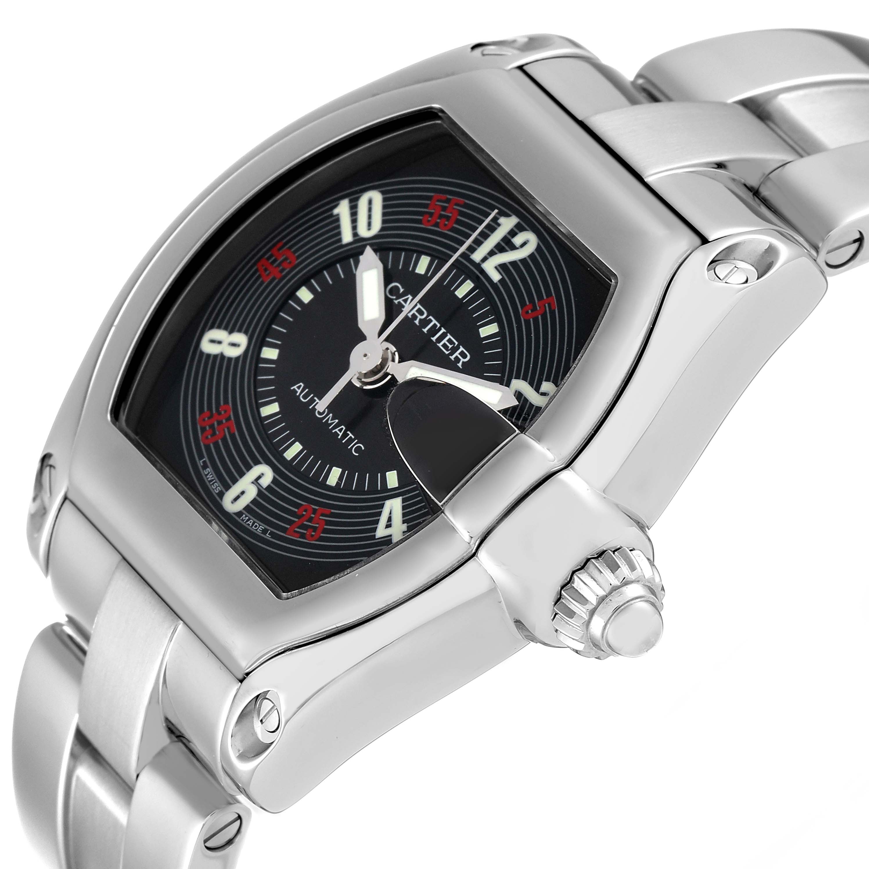 The Cartier Roadster W62002V3 Men's Stainless Steel Black Dial W62002V3 Men's Stainless Steel Black Dial watch is shown at an angled close-up, highlighting the face and part of the bracelet.