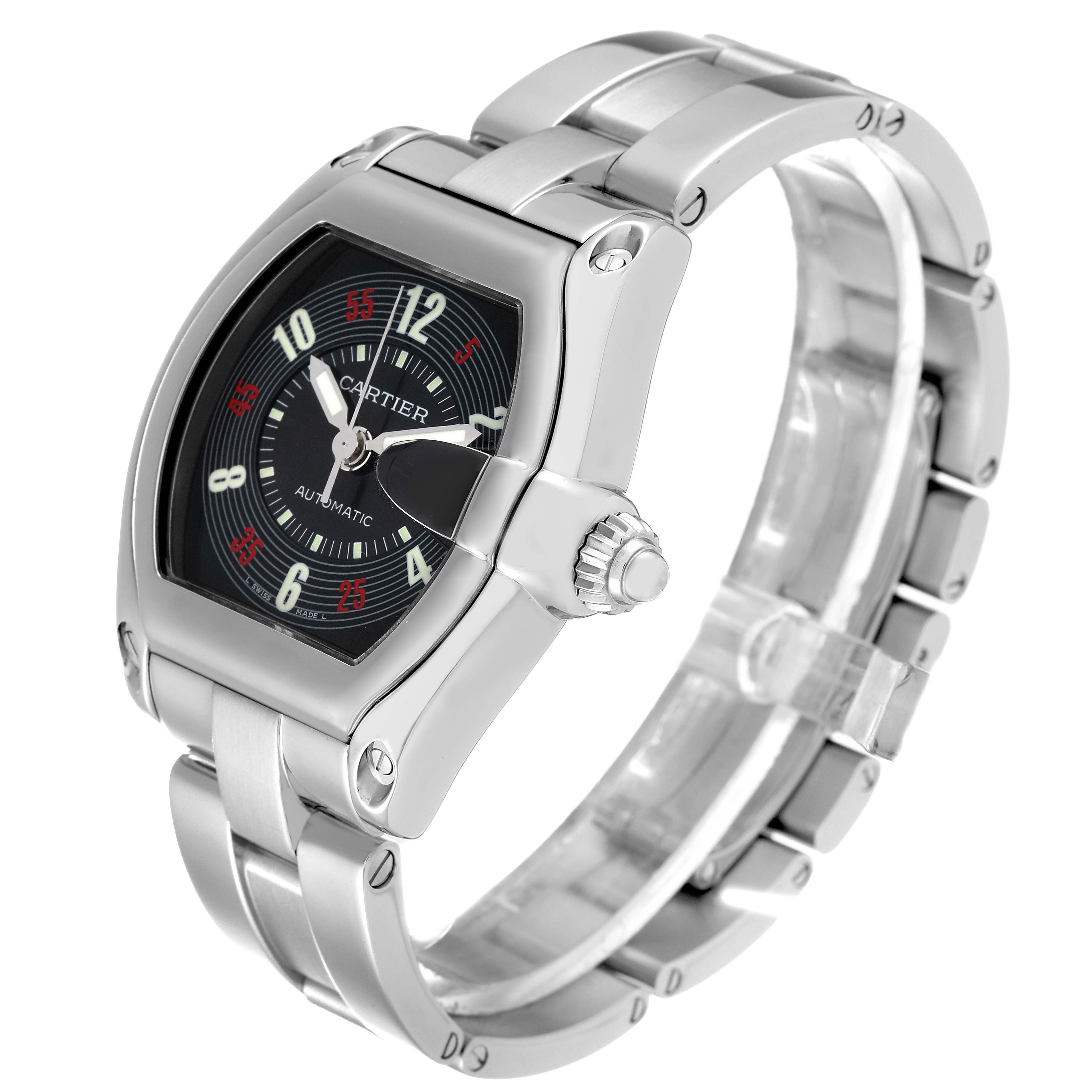 The image shows a Cartier Roadster W62002V3 Men's Stainless Steel Black Dial W62002V3 Men's Stainless Steel Black Dial watch from a three-quarters front angle, highlighting the dial, crown, and bracelet.