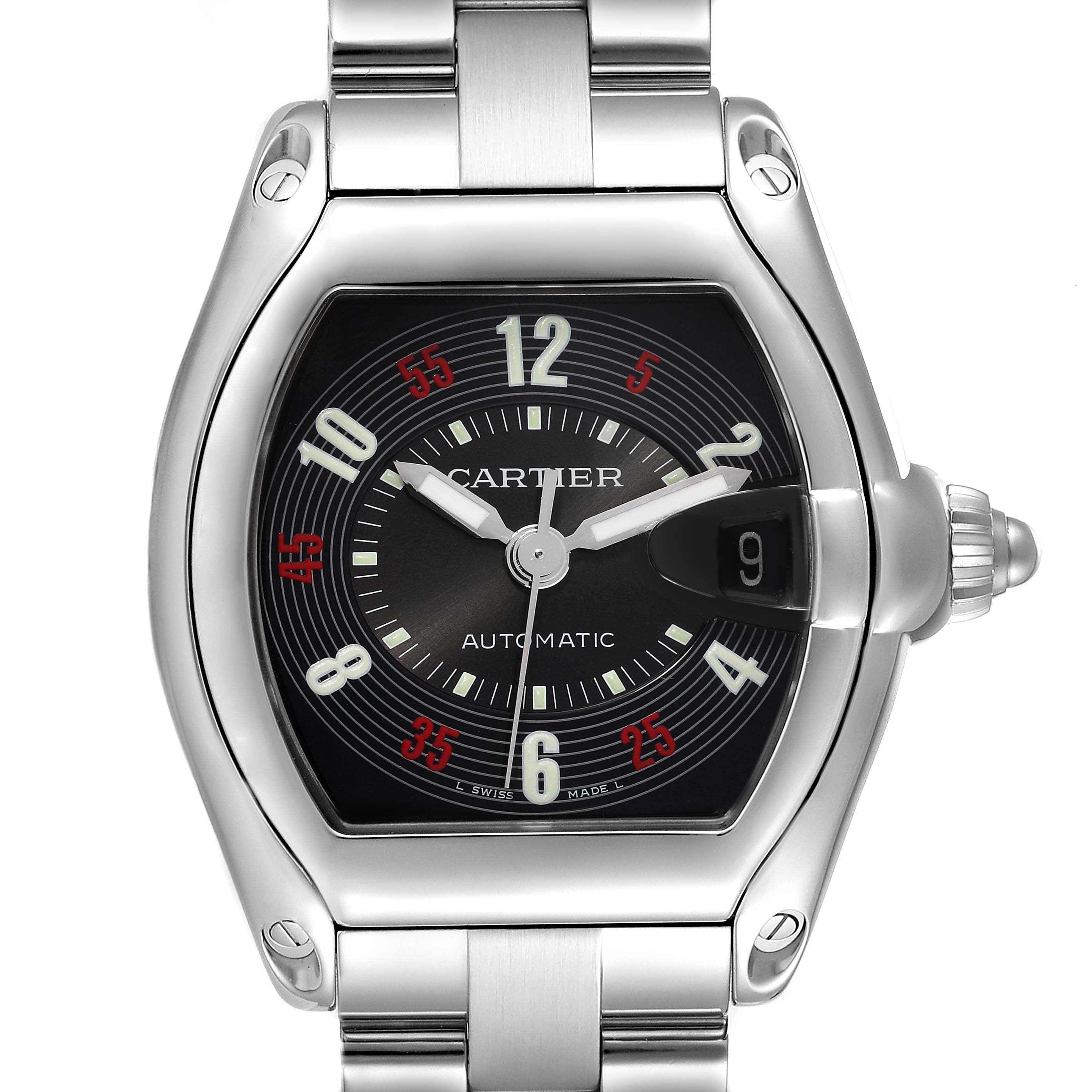 The image shows a frontal view of the Cartier Roadster W62002V3 Men's Stainless Steel Black Dial W62002V3 Men's Stainless Steel Black Dial model watch, highlighting its face, dial, and bracelet.