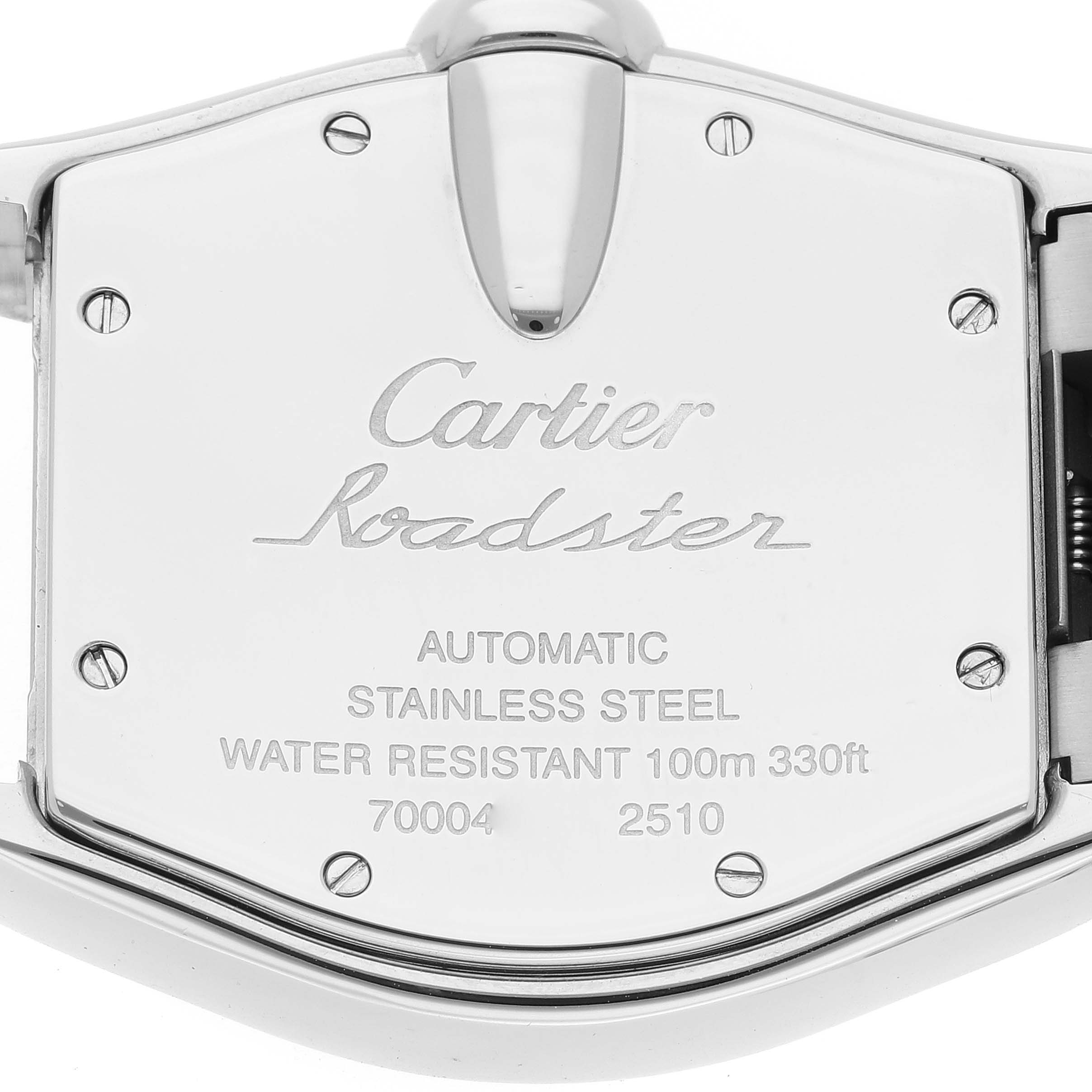 This image shows the back case of a Cartier Roadster W62002V3 Men's Stainless Steel Black Dial W62002V3 Men's Stainless Steel Black Dial watch, displaying the engraved details.