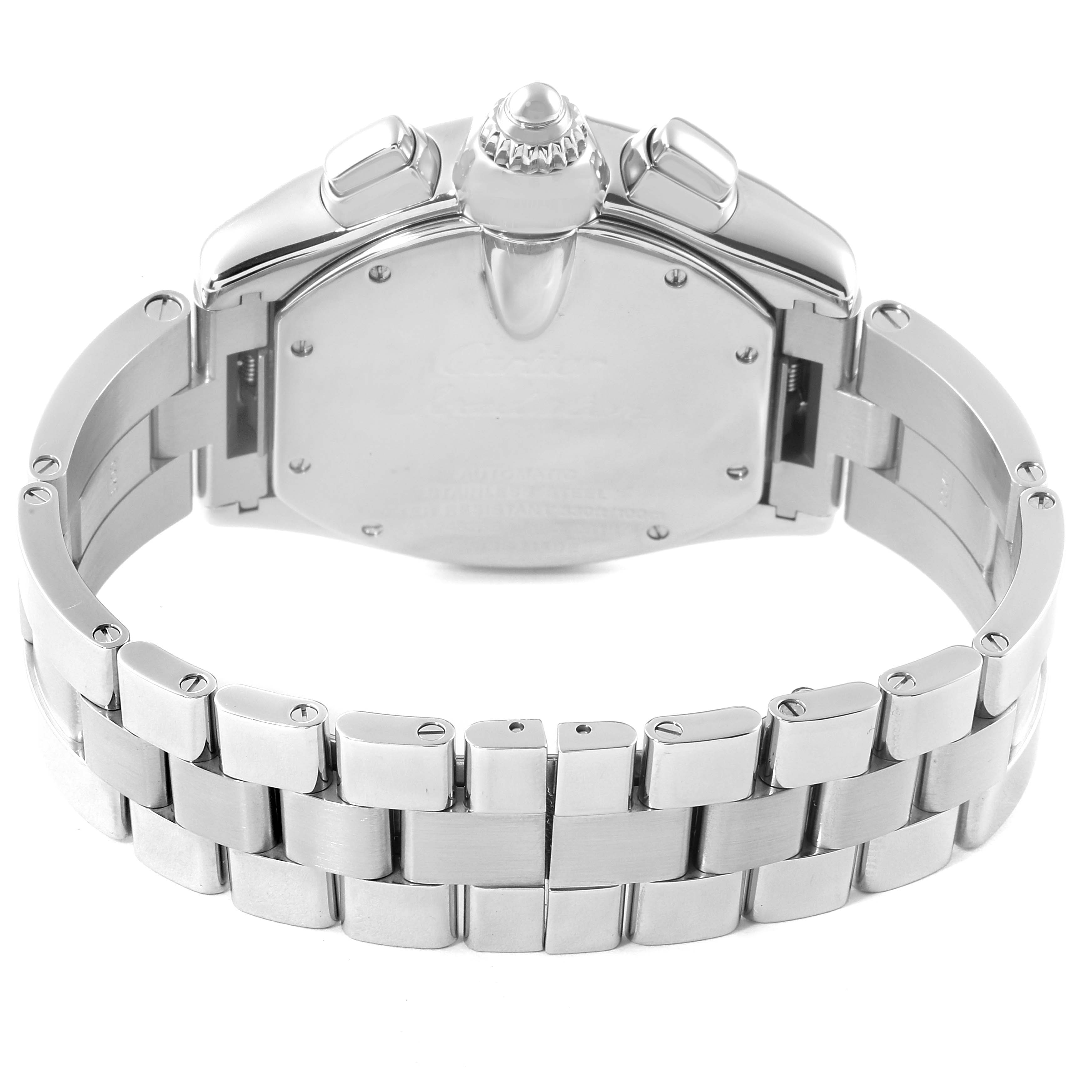 This image shows the back view of the Cartier Roadster W62019X6 Men's Stainless Steel Silver Dial W62019X6 Men's Stainless Steel Silver Dial watch, highlighting the stainless steel bracelet and case back.