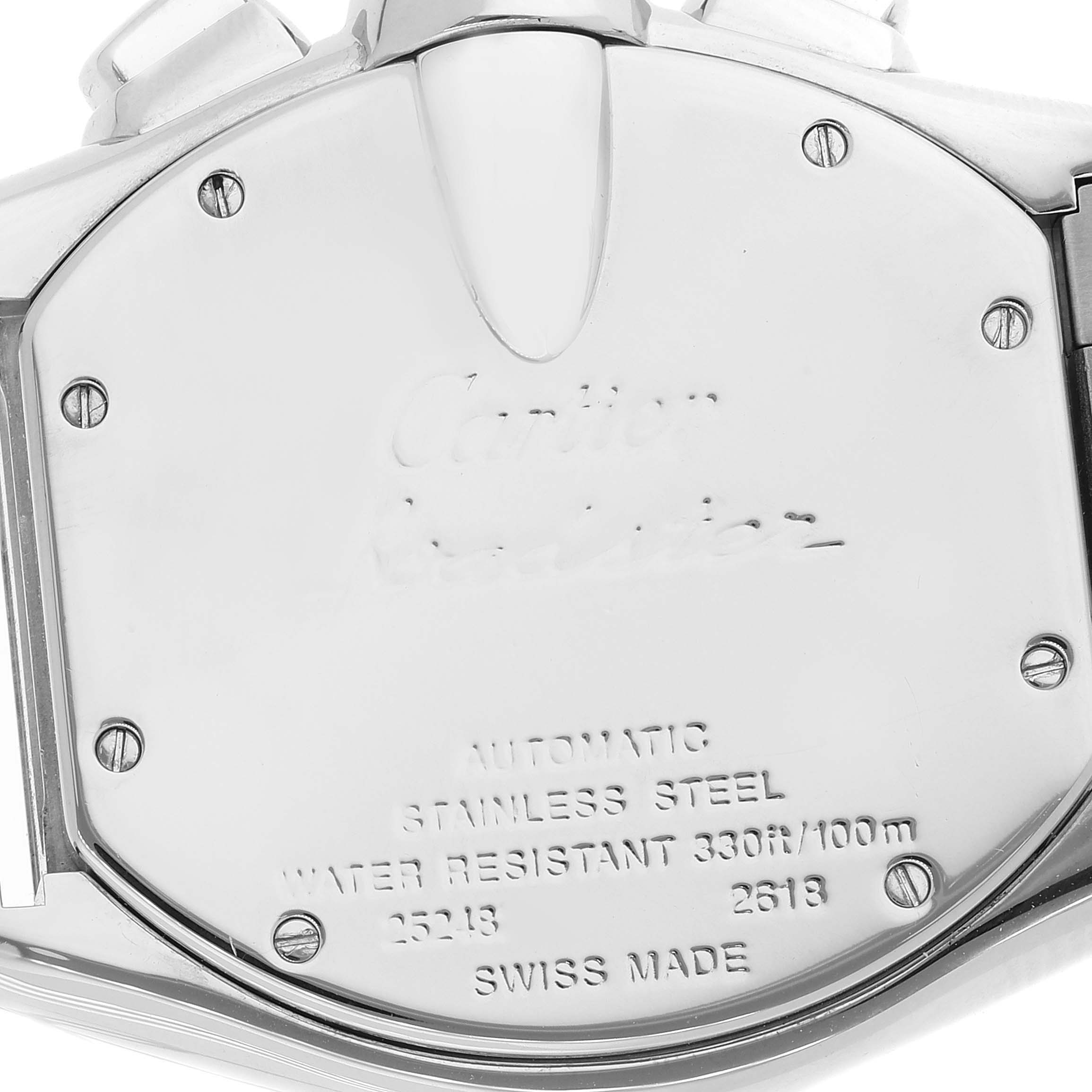 The image shows the back of a Cartier Roadster W62019X6 Men's Stainless Steel Silver Dial W62019X6 Men's Stainless Steel Silver Dial watch, highlighting engraved details and the stainless steel casing.