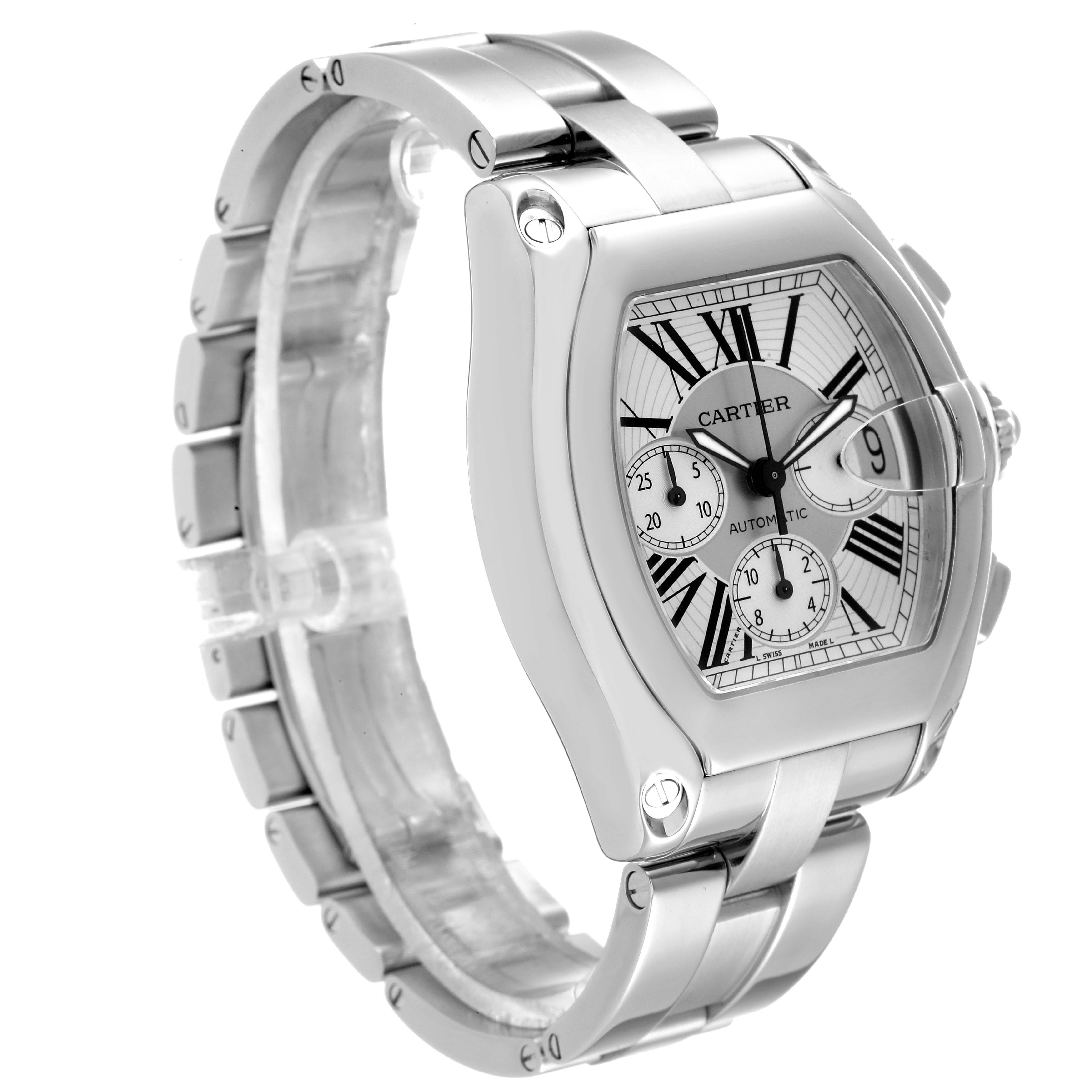The image shows a side view of the Cartier Roadster W62019X6 Men's Stainless Steel Silver Dial W62019X6 Men's Stainless Steel Silver Dial watch, highlighting its case, dial, and stainless steel bracelet.