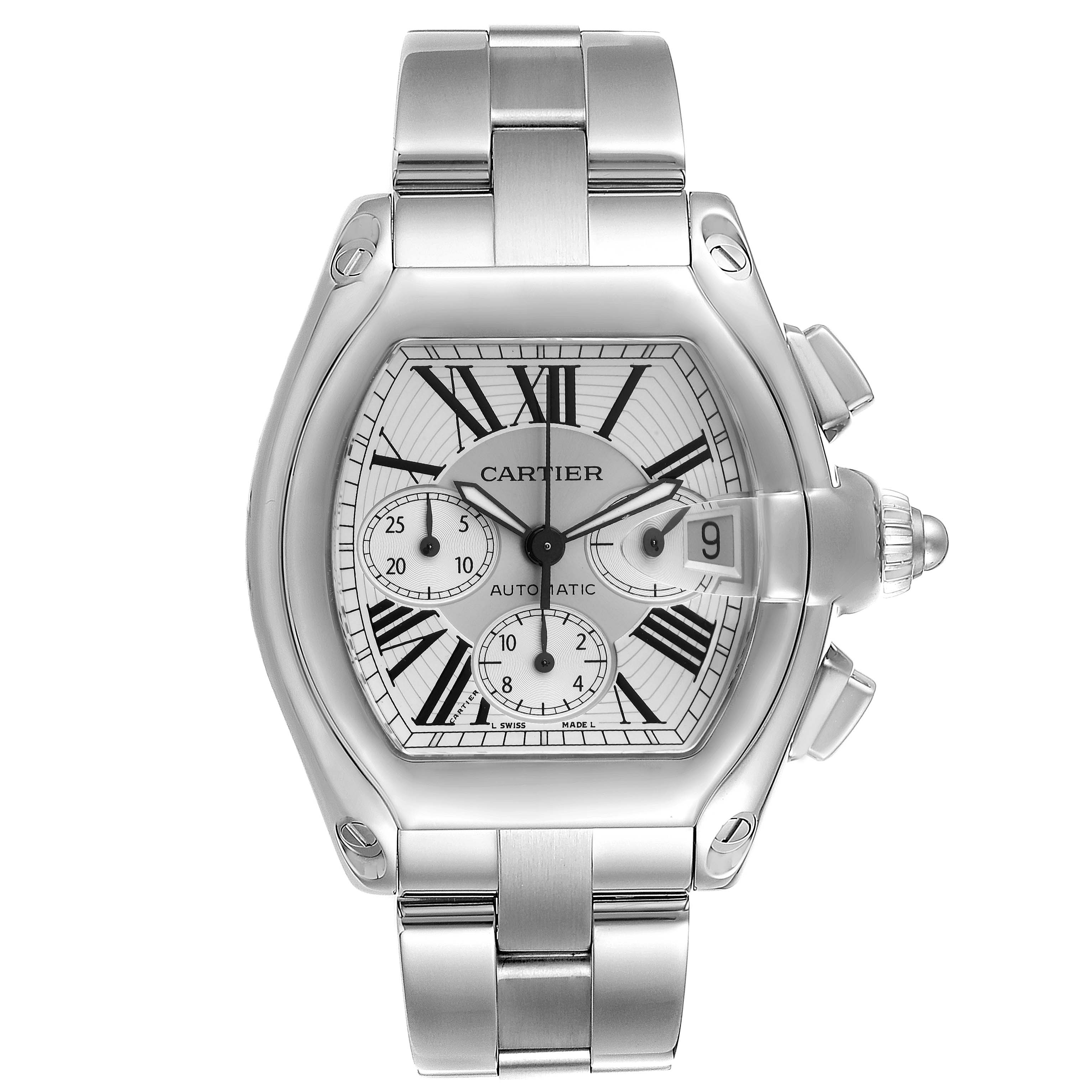The image shows a Cartier Roadster W62019X6 Men's Stainless Steel Silver Dial W62019X6 Men's Stainless Steel Silver Dial watch from a front angle, displaying the face, case, and part of the bracelet.
