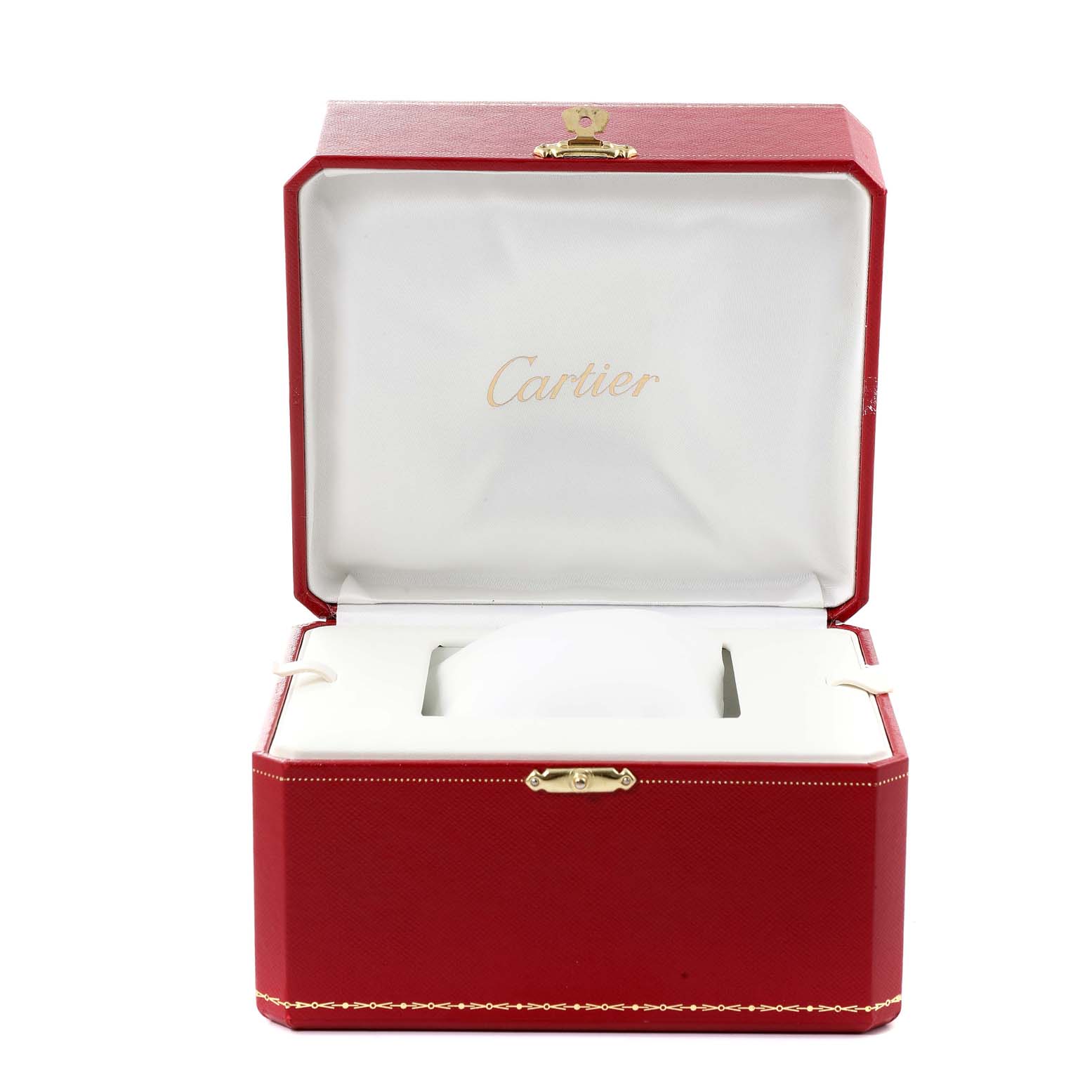 The image shows an open, red Cartier box for the Roadster model watch, displaying the inner compartment where the watch is stored.