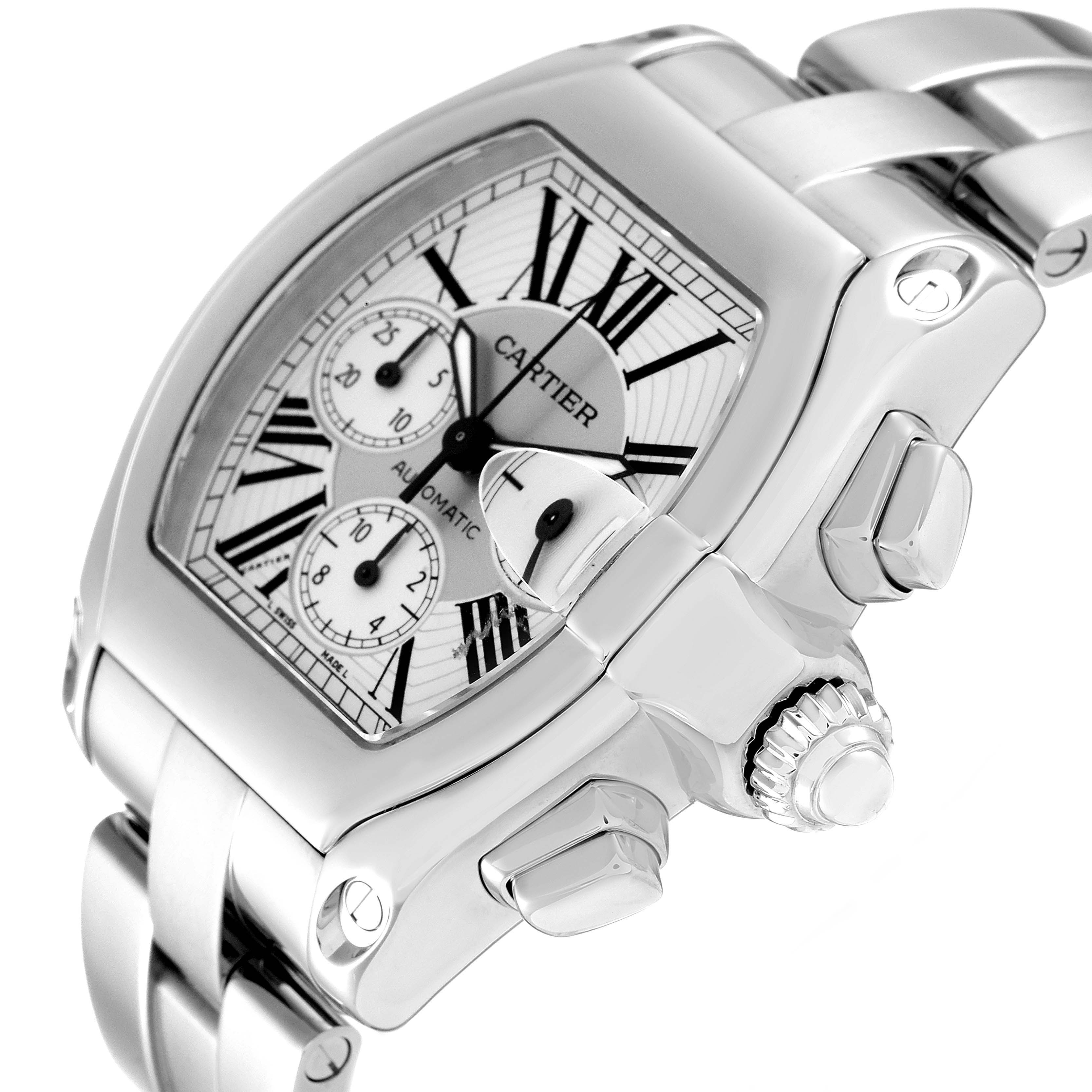 This image shows a diagonal close-up of the Cartier Roadster W62019X6 Men's Stainless Steel Silver Dial W62019X6 Men's Stainless Steel Silver Dial watch, highlighting the dial, crown, and part of the bracelet.