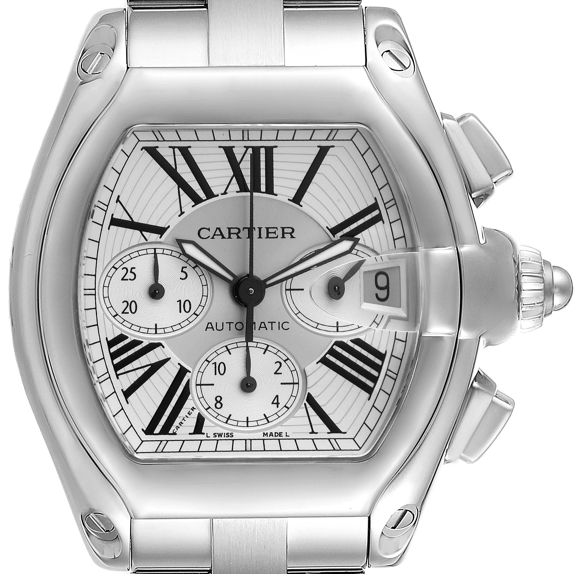 The image shows a front view of the Cartier Roadster W62019X6 Men's Stainless Steel Silver Dial W62019X6 Men's Stainless Steel Silver Dial model watch, highlighting its dial, hands, subdials, and date window.