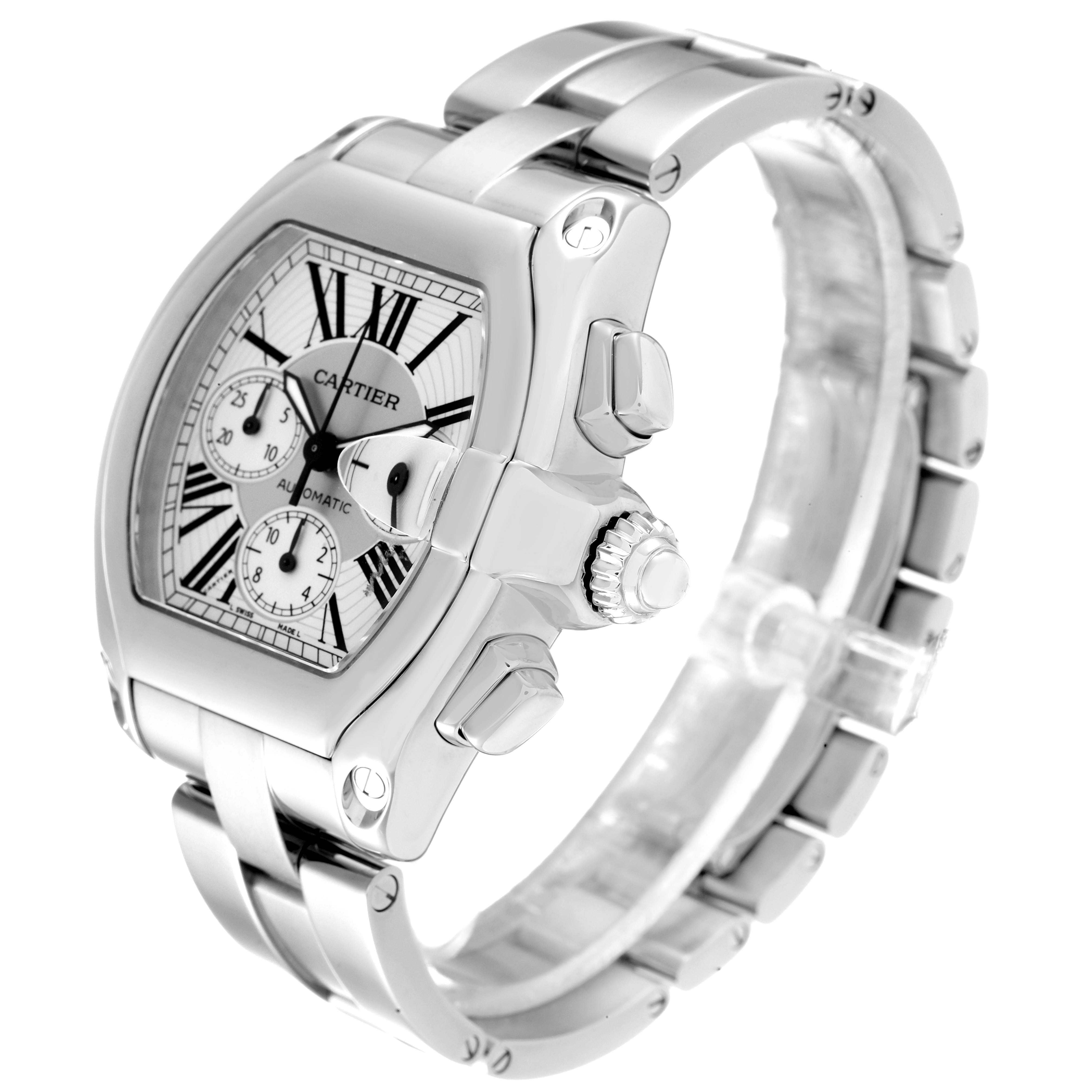 This image shows a Cartier Roadster W62019X6 Men's Stainless Steel Silver Dial W62019X6 Men's Stainless Steel Silver Dial watch angled to display its face, crown, and stainless steel bracelet.
