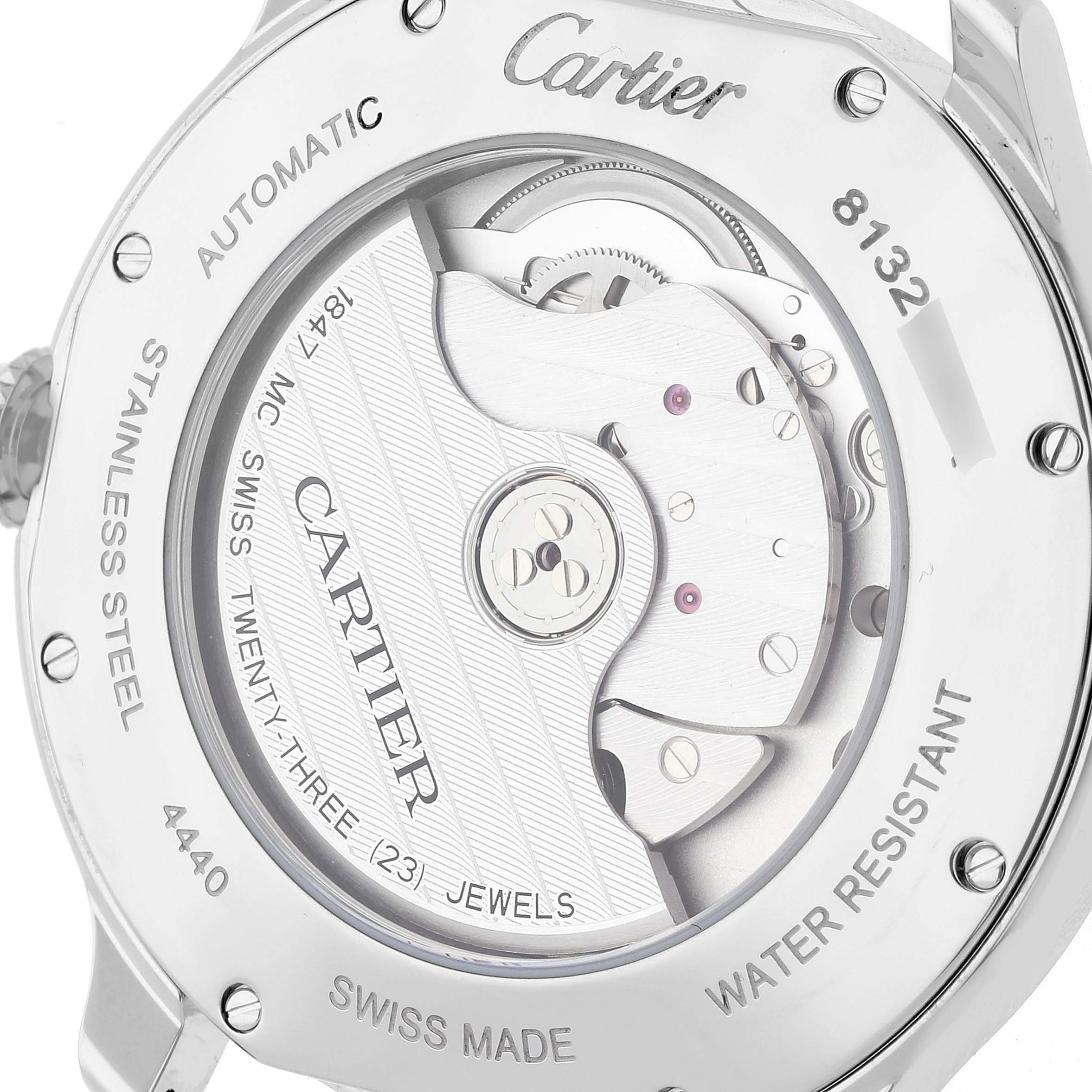 The image shows the back view of the Cartier Ronde WSRN0035 Men's Stainless Steel Silver Dial WSRN0035 Men's Stainless Steel Silver Dial model watch, focusing on its automatic movement and inscriptions.