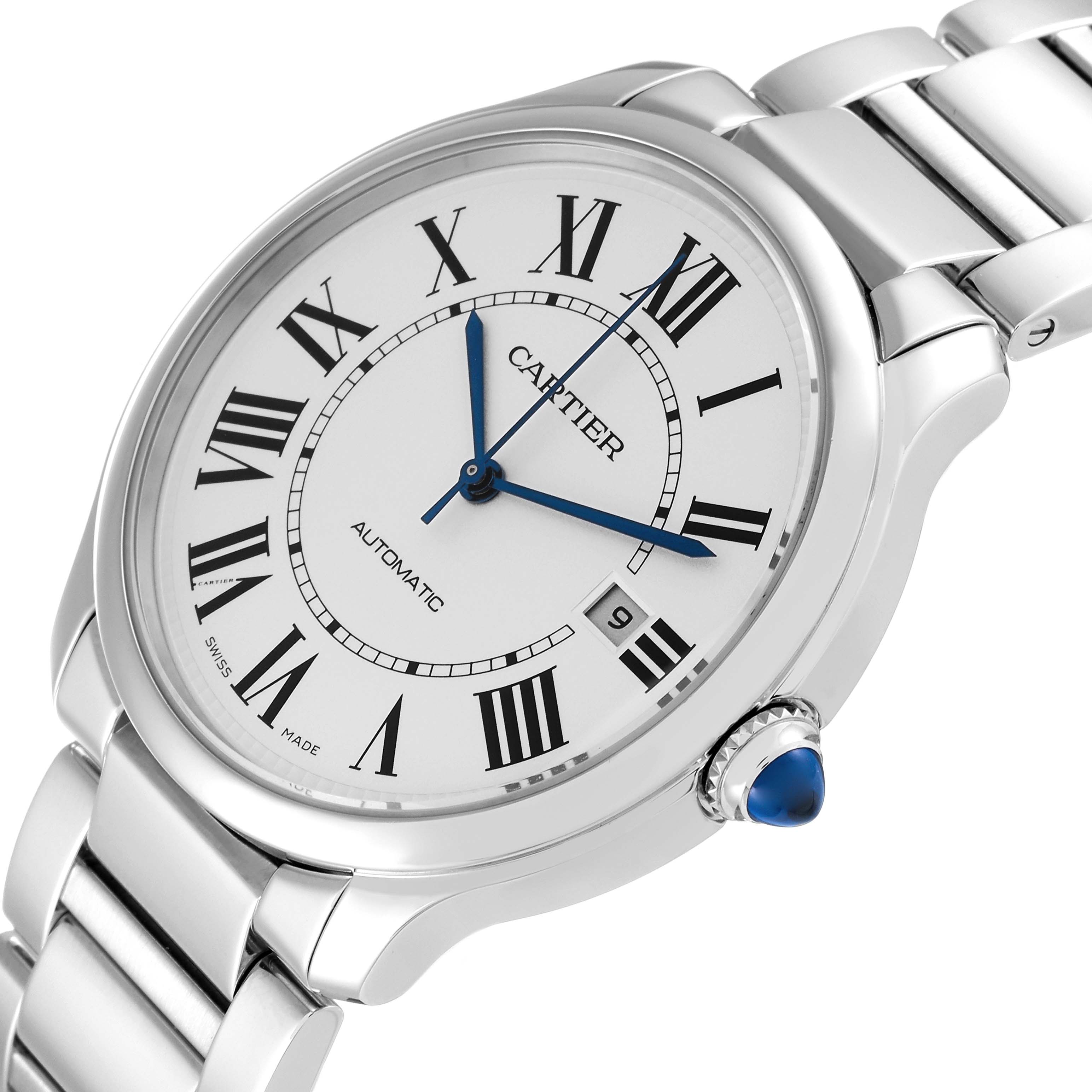 The image shows a close-up, angled view of a Cartier Ronde WSRN0035 Men's Stainless Steel Silver Dial WSRN0035 Men's Stainless Steel Silver Dial watch, highlighting the face, crown, and part of the bracelet.